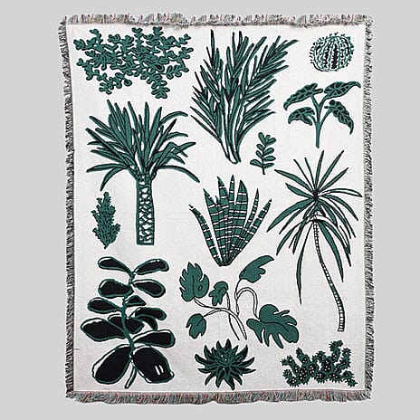 Jacquard Woven Palm Tree Printed Throw with Fringes (Size 150x126 Cm ) - Green - Ivory