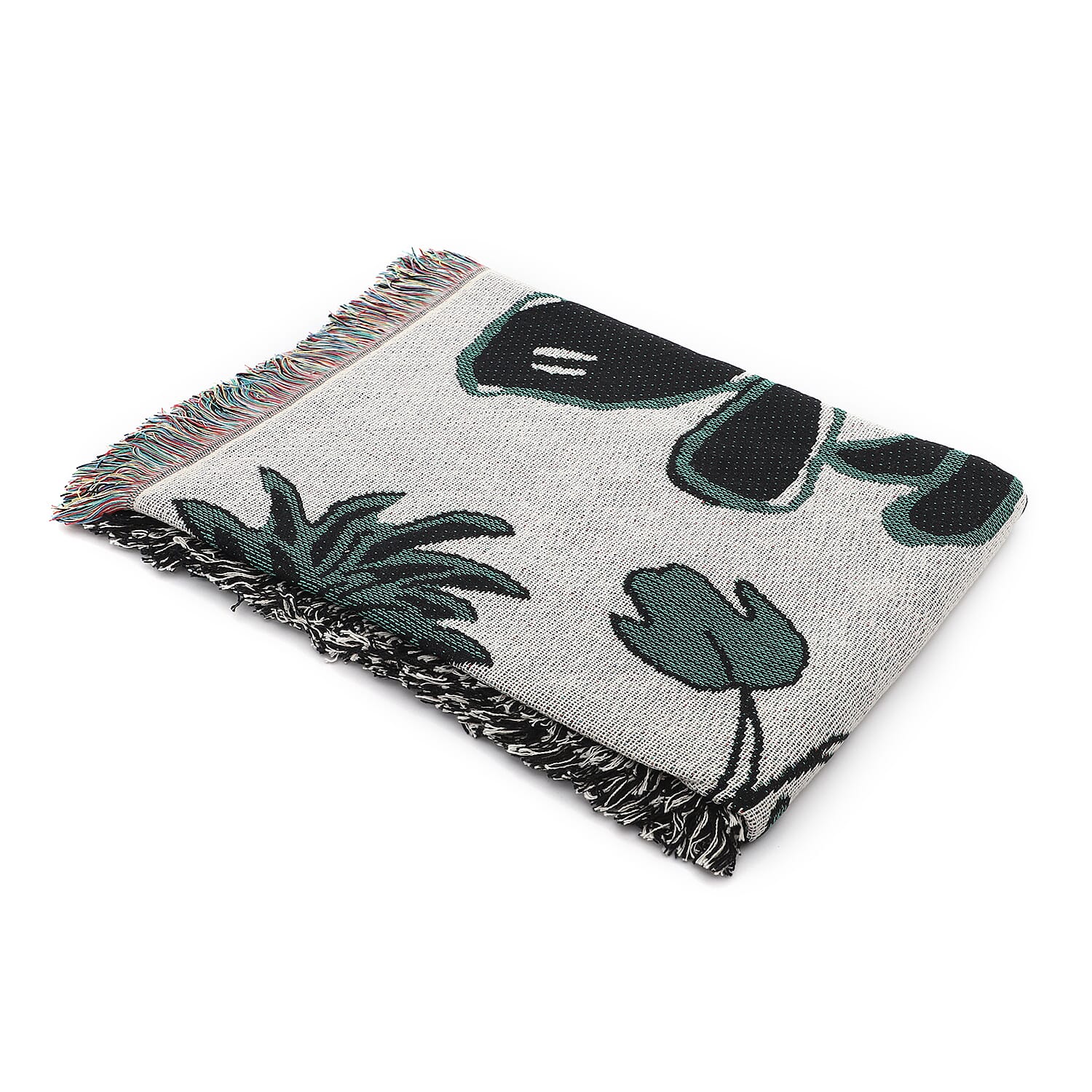 Jacquard Woven Palm Tree Printed Throw with Fringes (Size 150x126 Cm ) - Green & Ivory