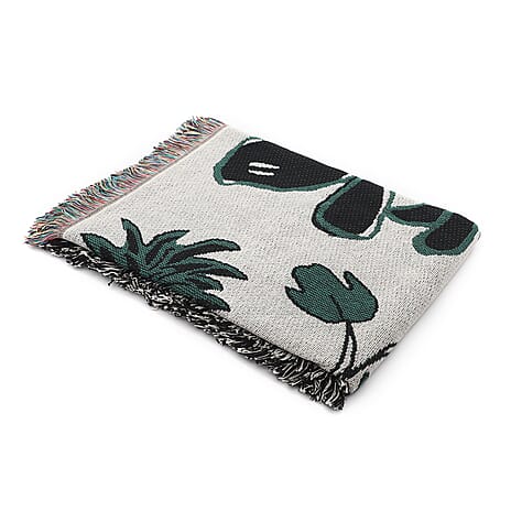 Jacquard Woven Palm Tree Printed Throw with Fringes (Size 150x126 Cm ) - Green - Ivory