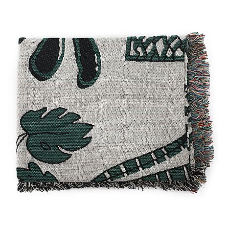 Jacquard Woven Palm Tree Printed Throw with Fringes (Size 150x126 Cm ) - Green - Ivory