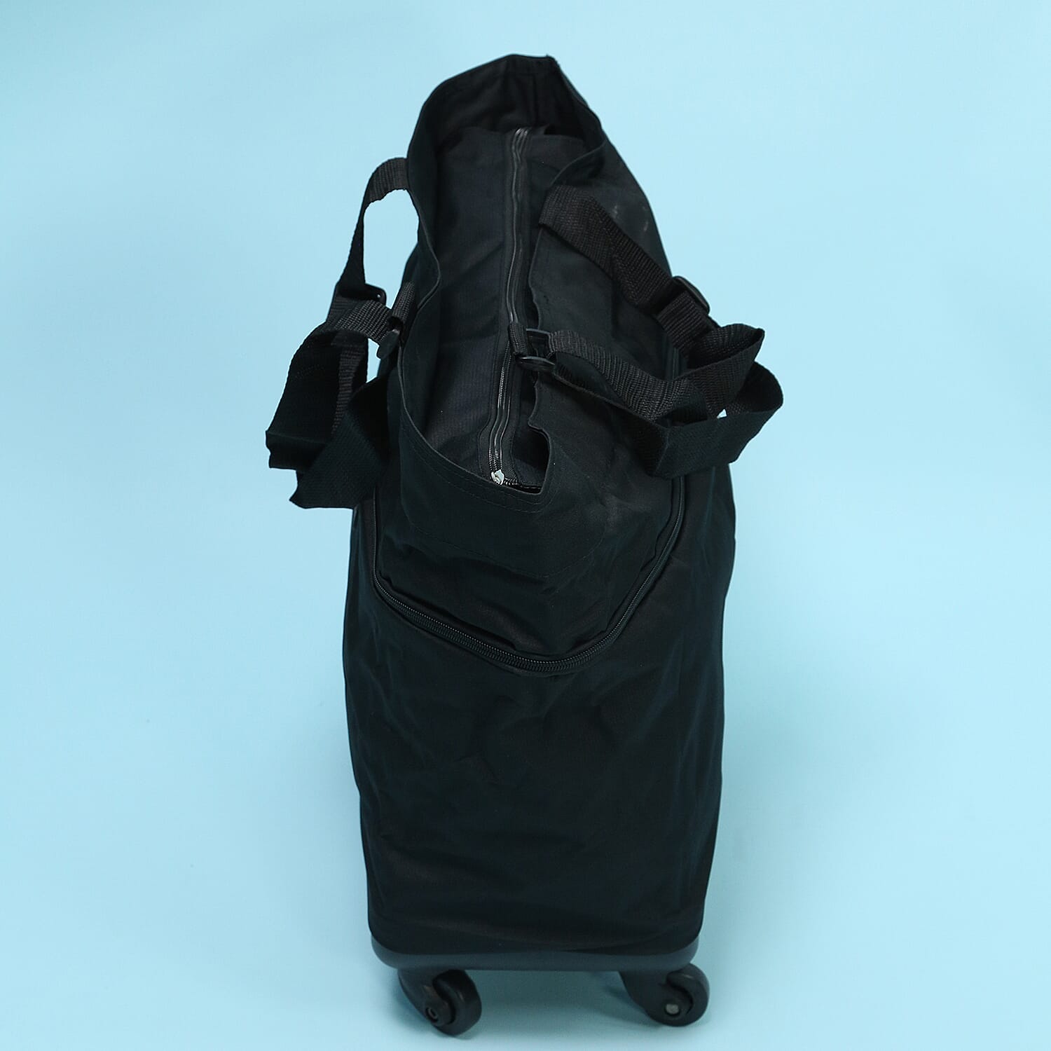 Flat Pack Cabin Sized Trolley Bag with Zipped Hood Pocket - Black