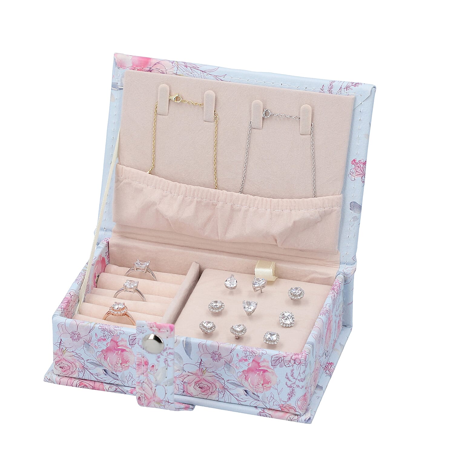 Portable Jewellery Ink Rose Pattern Book with Magnetic Button Lock (Size:15x10x4.5Cm) - Baby Blue and Pink