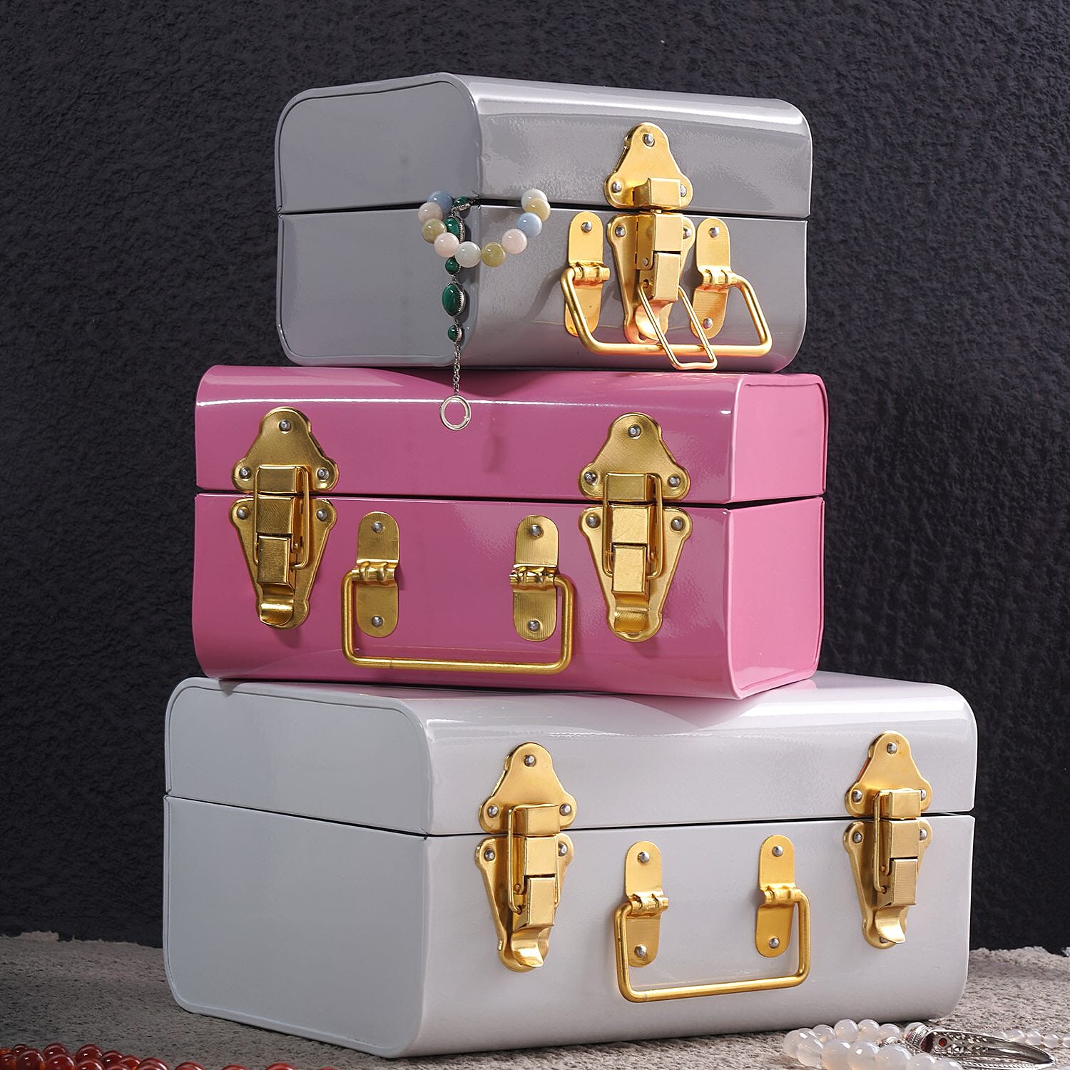 Set of 3 - Storage Trunk with Lock - Pink & Multi