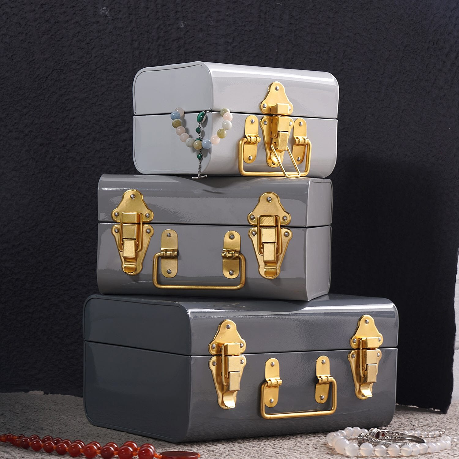 Set of 3 - Storage Trunk with Lock (Size 28x19x14 Cm, 23x16x13 Cm and 18x13x13 Cm) - Grey & Multi