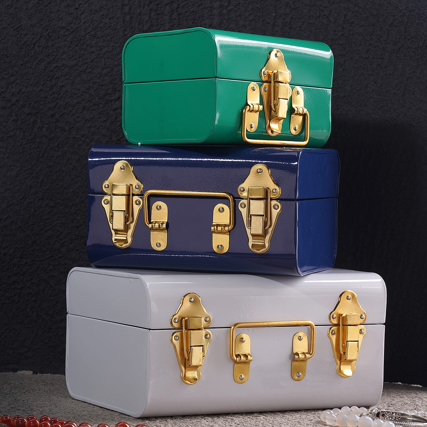 Set of 3 - Storage Trunk with Lock (Size 28x21x15 Cm, 23x18x13 Cm and 18x14x11 Cm) - Green & Multi