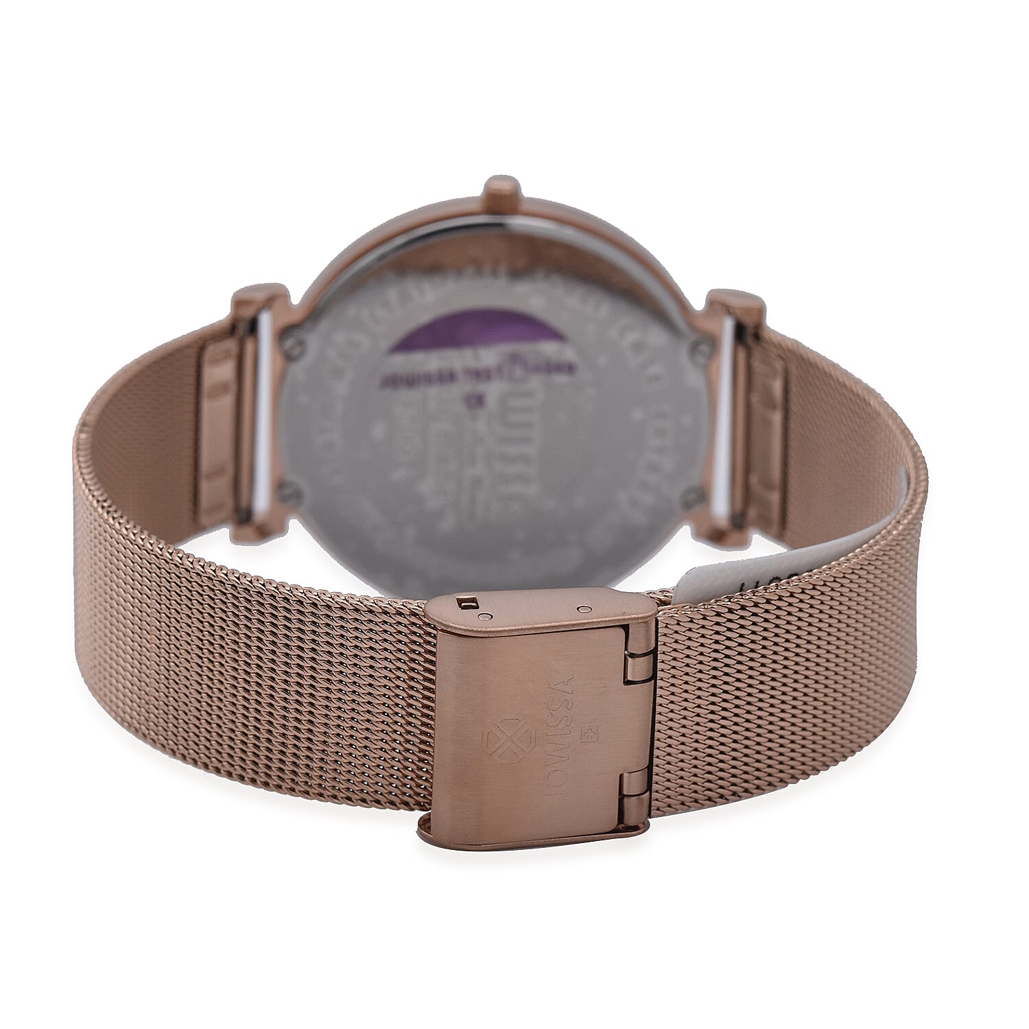 JOWISSA SWISS Ronda Diamond Cut and Crystal Studded Black Enamel Dial FACET Watch with Rose Gold Tone Mesh Band