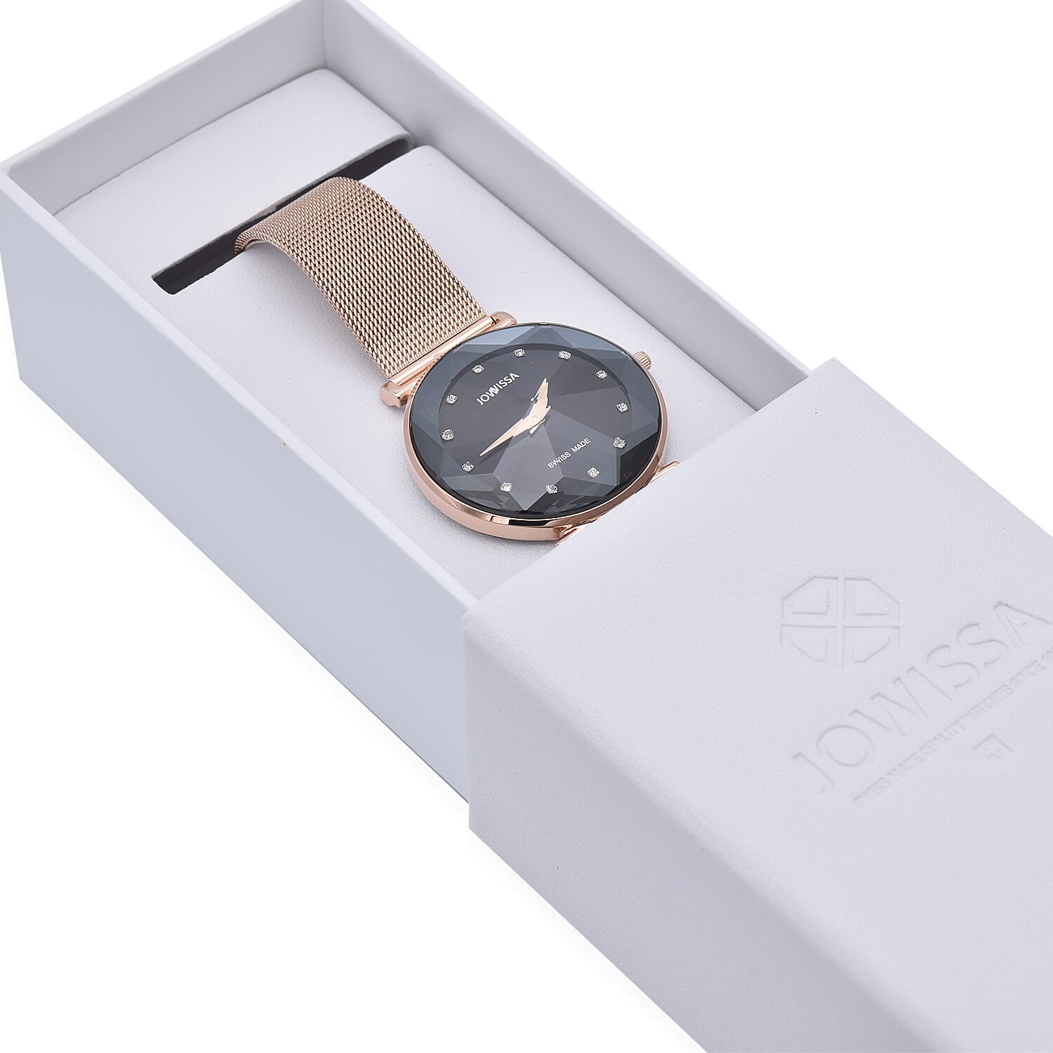 JOWISSA SWISS Ronda Diamond Cut and Crystal Studded Black Enamel Dial FACET Watch with Rose Gold Tone Mesh Band