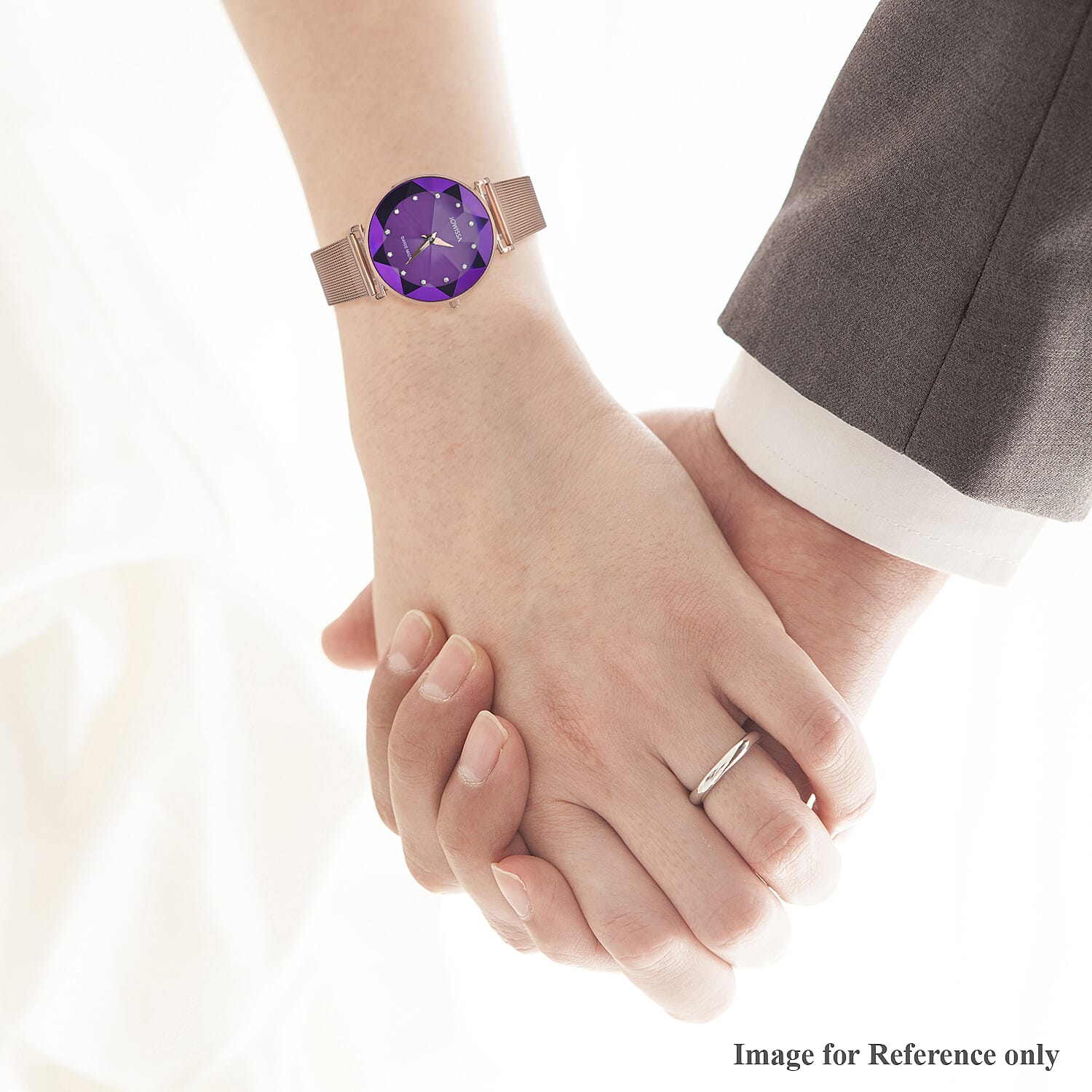 JOWISSA SWISS Ronda Diamond Cut and Crystal Studded Purple Enamel Dial FACET Watch with Rose Gold Tone Mesh Band