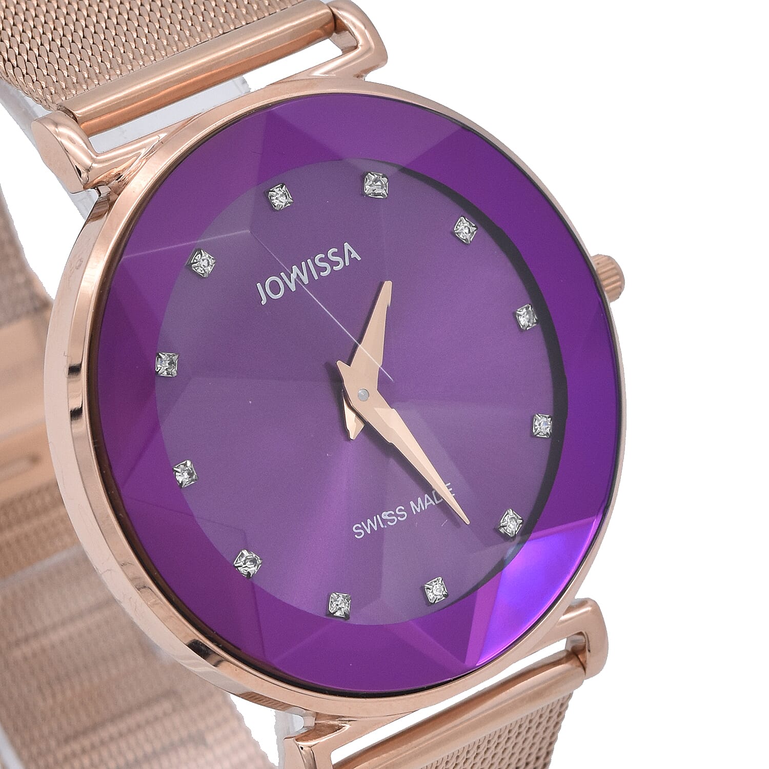 JOWISSA SWISS Ronda Diamond Cut and Crystal Studded Purple Enamel Dial FACET Watch with Rose Gold Tone Mesh Band