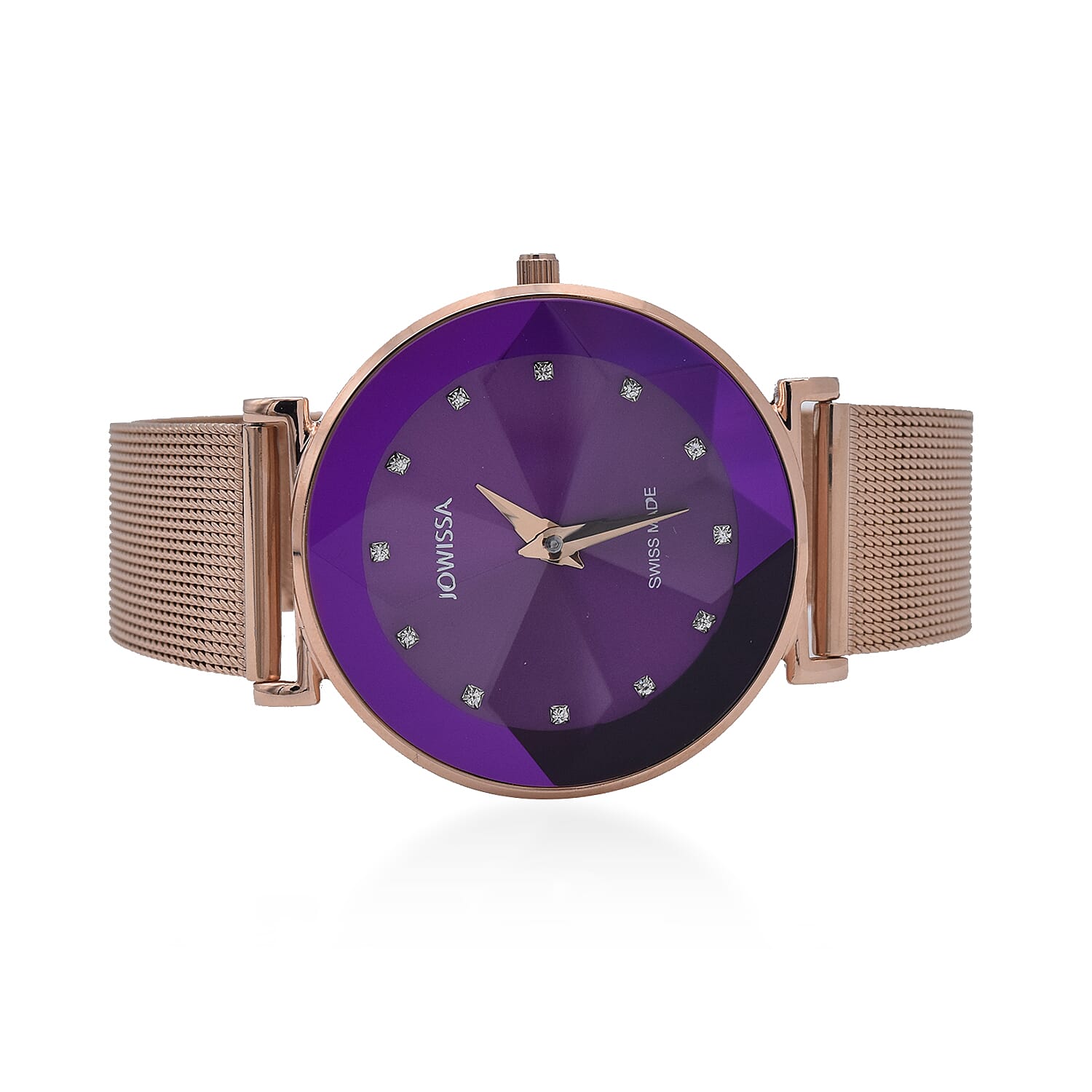 JOWISSA SWISS Ronda Diamond Cut and Crystal Studded Purple Enamel Dial FACET Watch with Rose Gold Tone Mesh Band