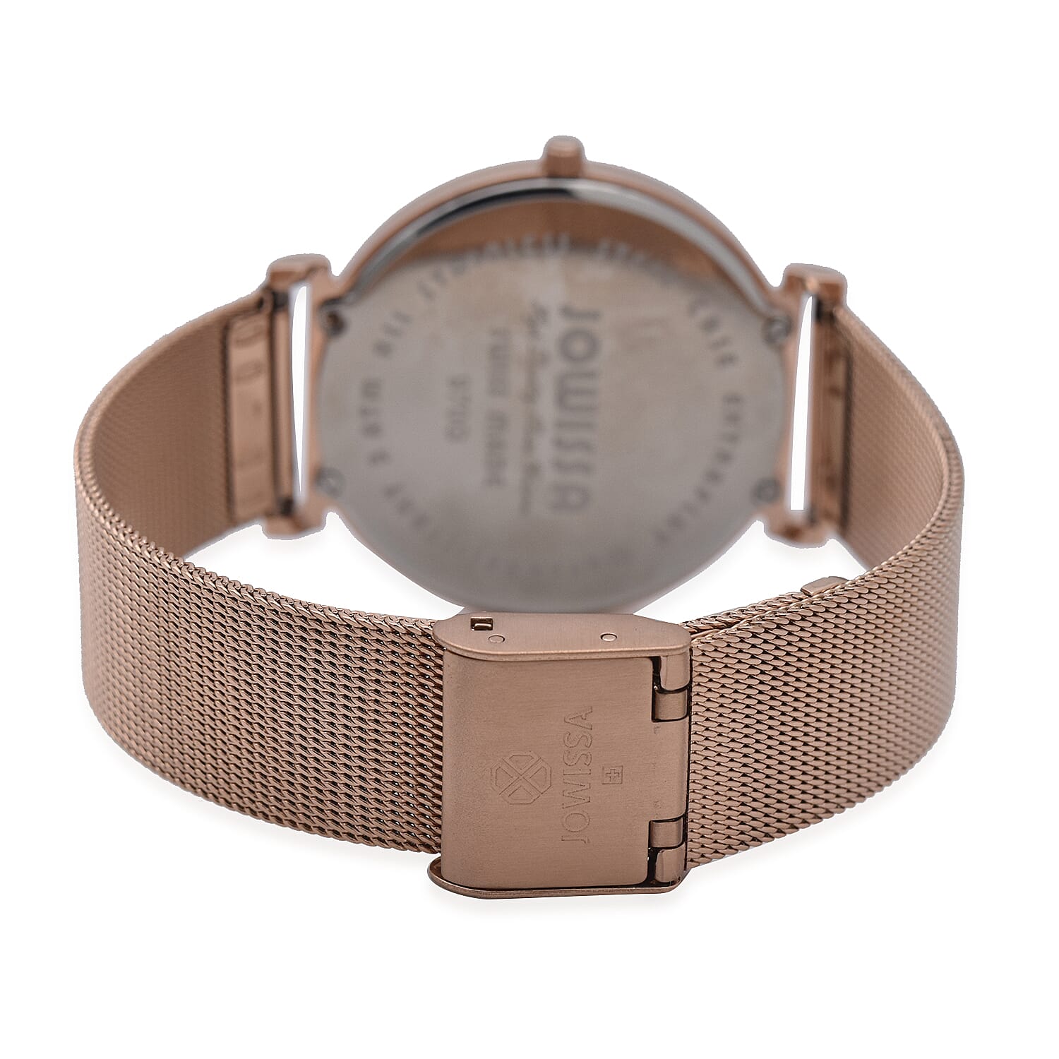 JOWISSA SWISS Ronda Diamond Cut and Crystal Studded Purple Enamel Dial FACET Watch with Rose Gold Tone Mesh Band