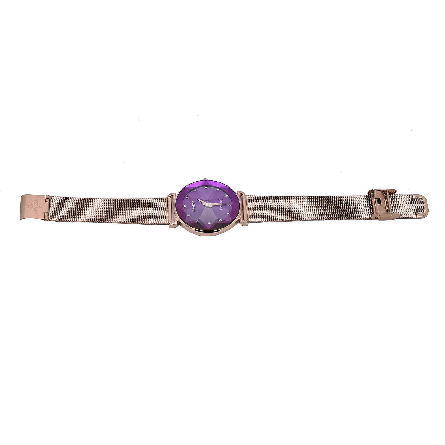 JOWISSA SWISS Ronda Diamond Cut and Crystal Studded Purple Enamel Dial FACET Watch with Rose Gold Tone Mesh Band