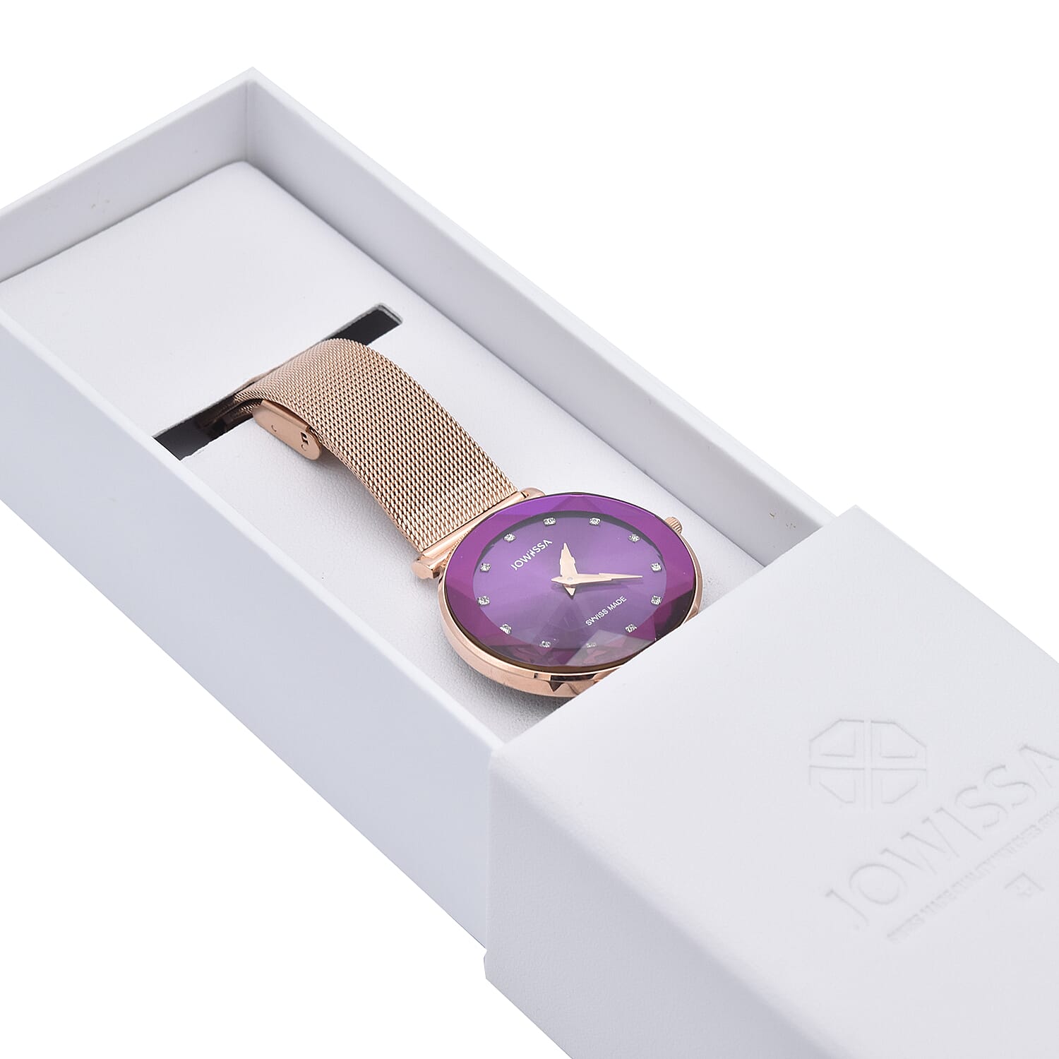 JOWISSA SWISS Ronda Diamond Cut and Crystal Studded Purple Enamel Dial FACET Watch with Rose Gold Tone Mesh Band