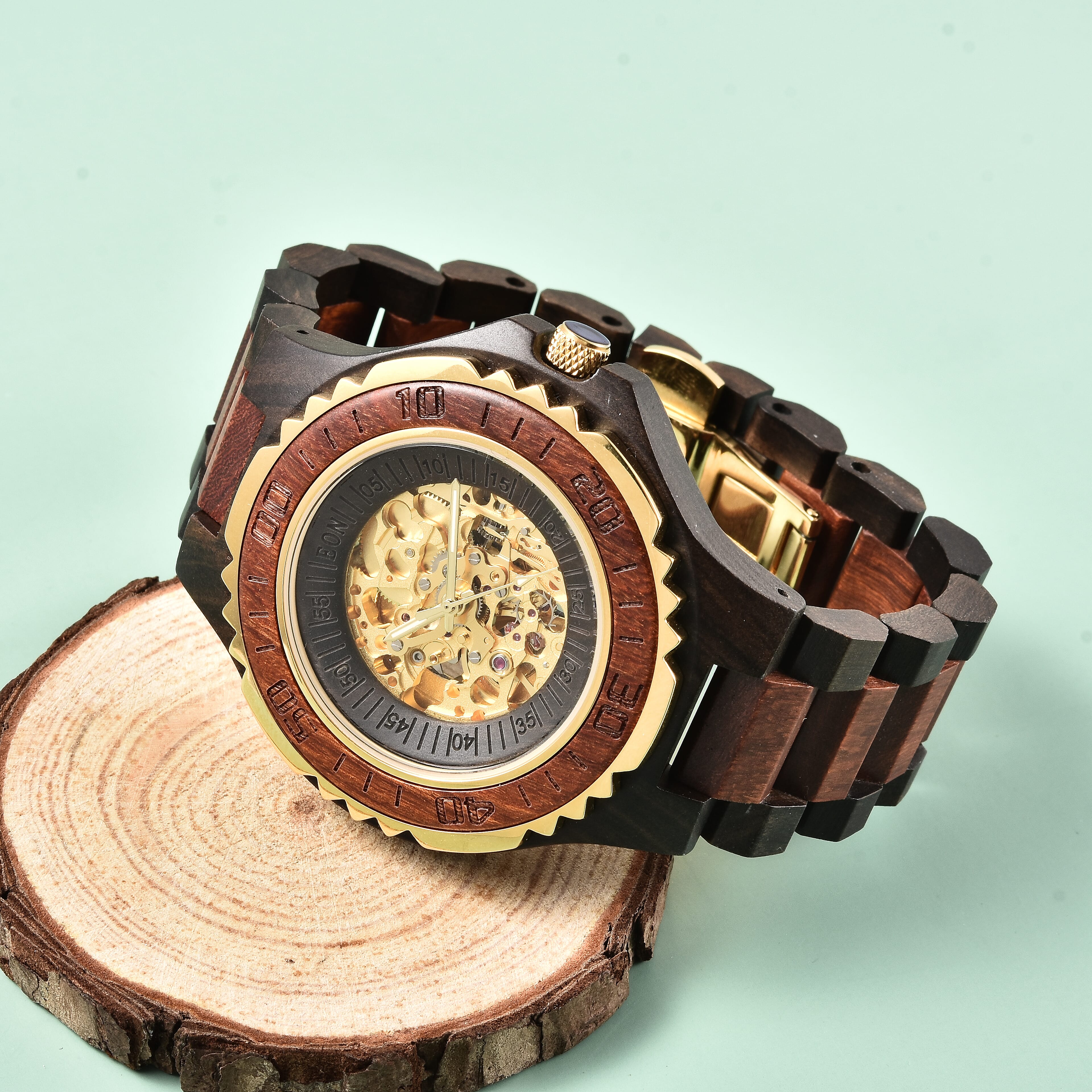 EON 1962 Skeleton Dial Sandalwood Water Resistant Watch in Black - Red Colour Strap