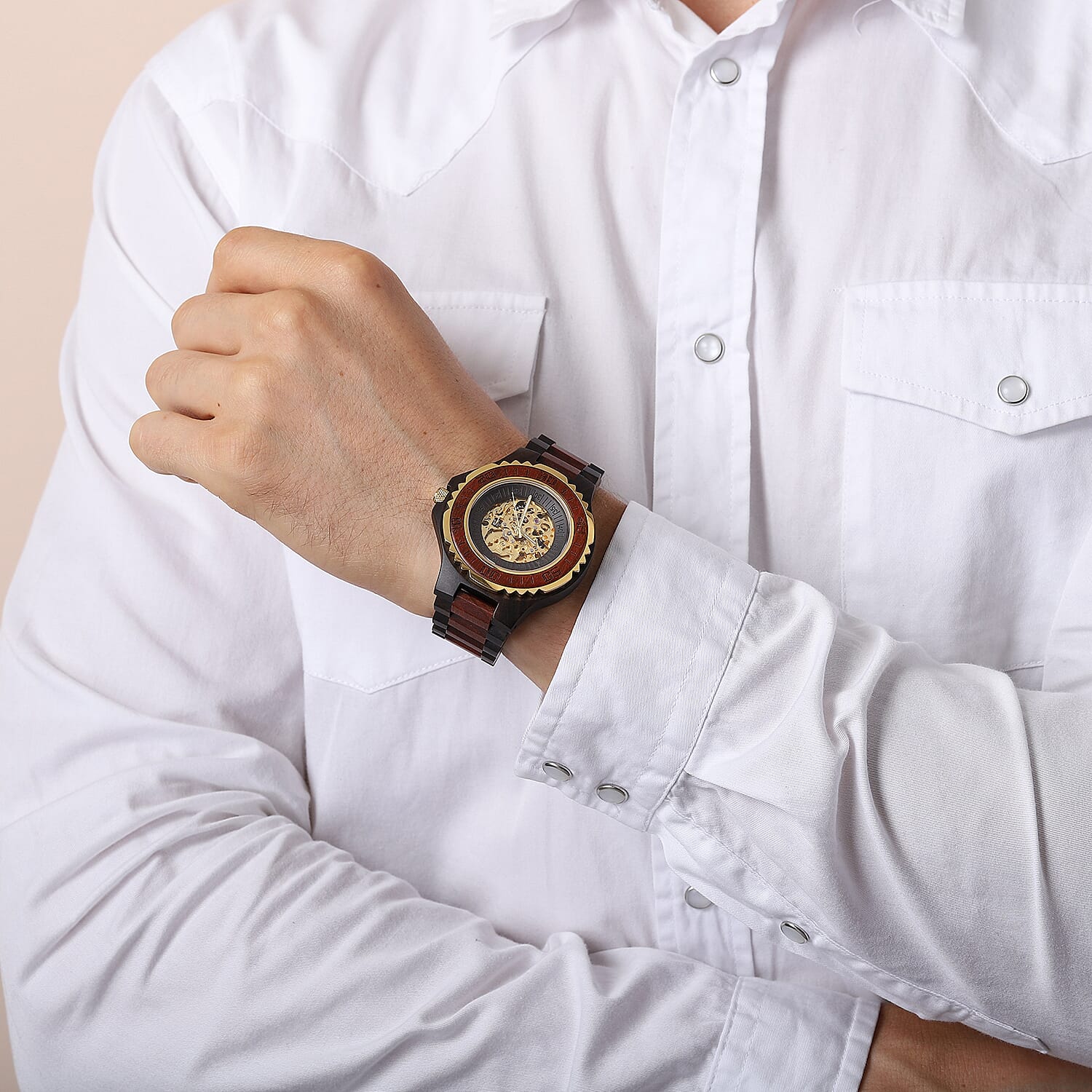 EON 1962 Skeleton Dial Sandalwood Water Resistant Watch in Black - Red Colour Strap