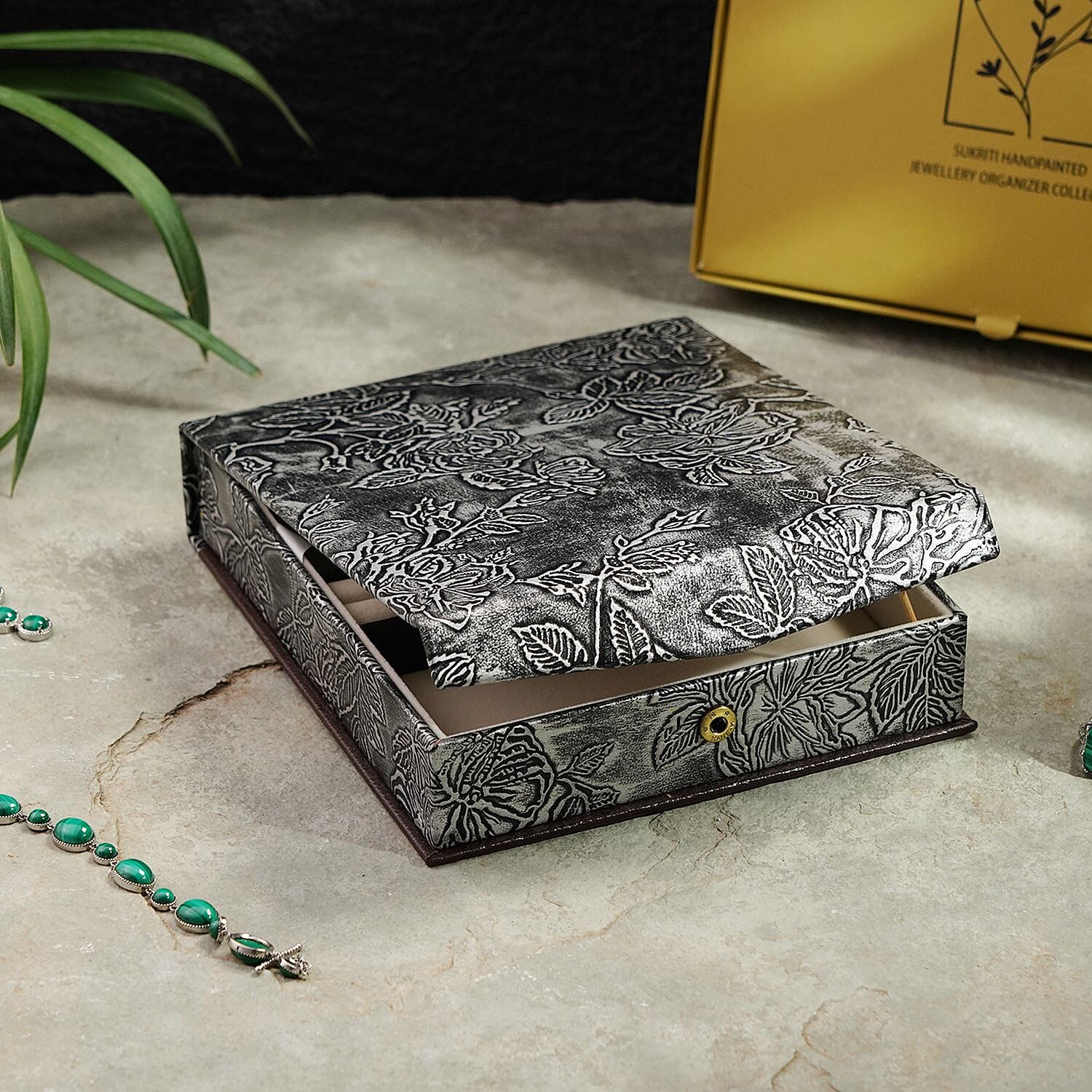 100% Genuine Leather Embossed Jewellery Box (Size 18x20x4 Cm) - Grey