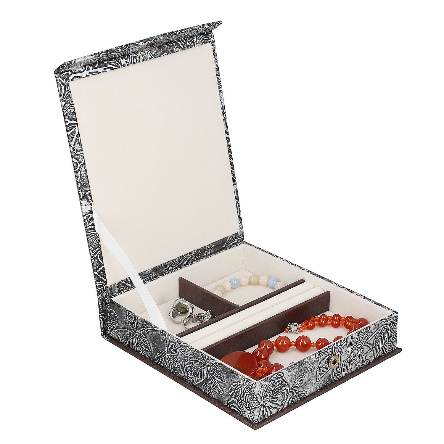 100% Genuine Leather Embossed Jewellery Box (Size 18x20x4 Cm) - Grey