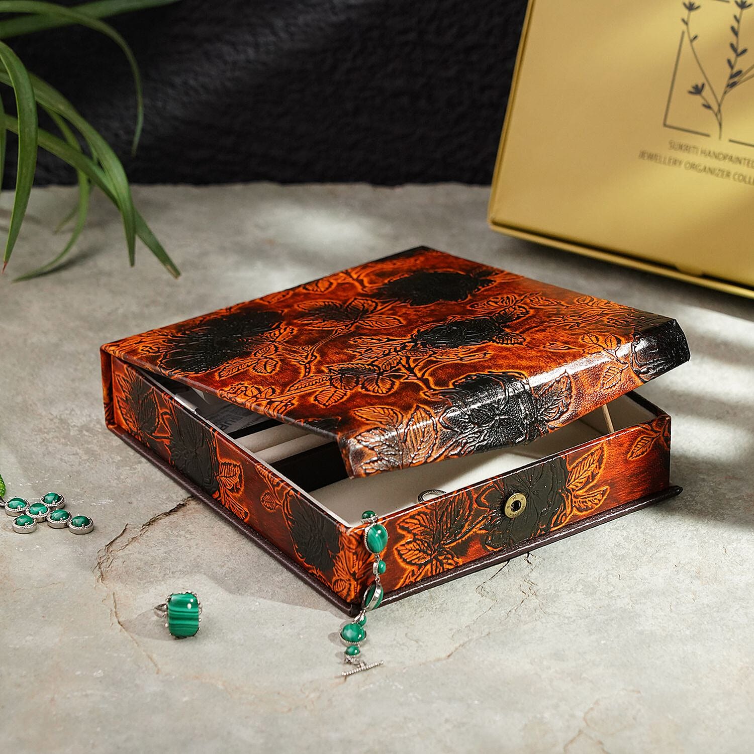 100% Genuine Leather Embossed Jewellery Box (Size 18x20x4 Cm) - Tan