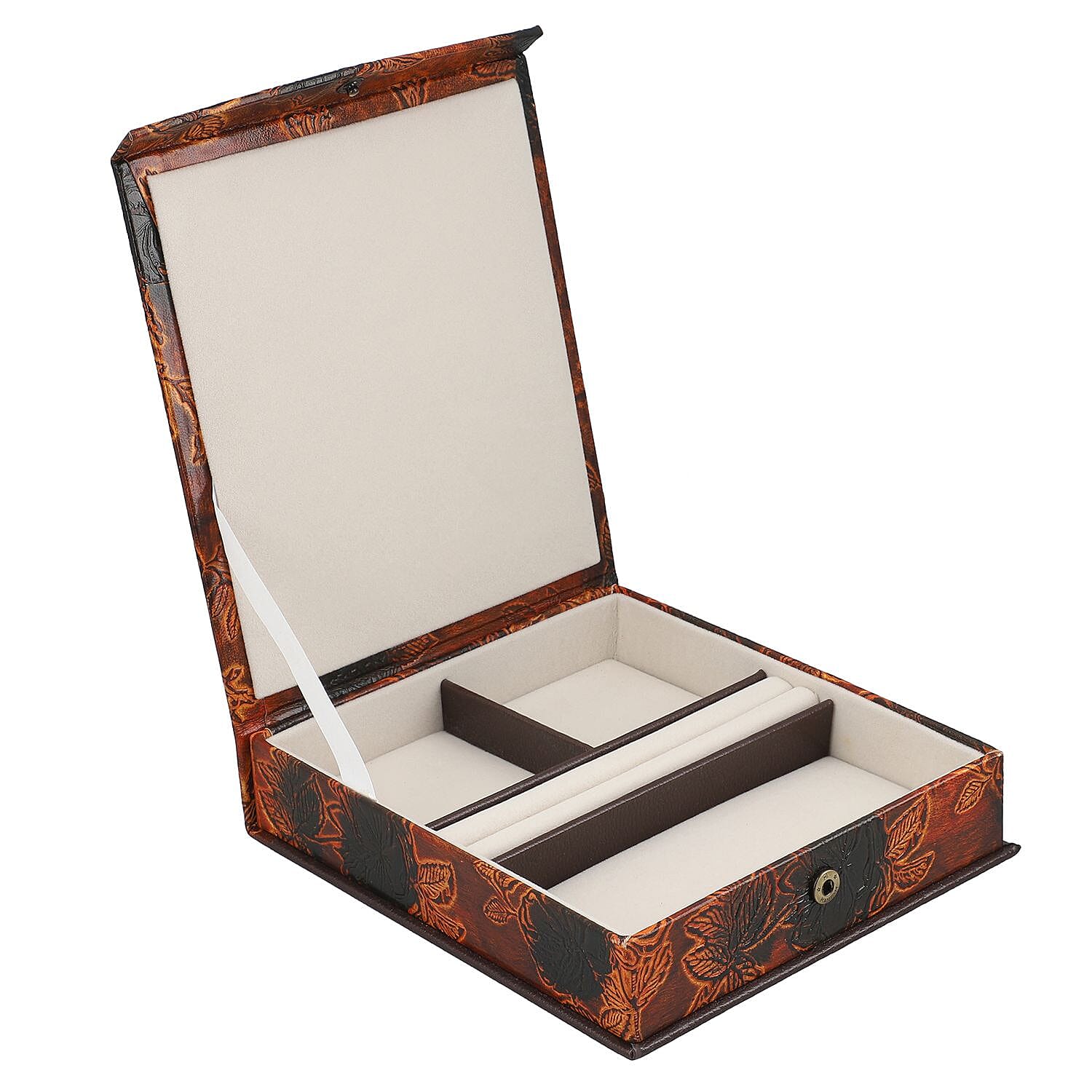 100% Genuine Leather Embossed Jewellery Box (Size 18x20x4 Cm) - Tan