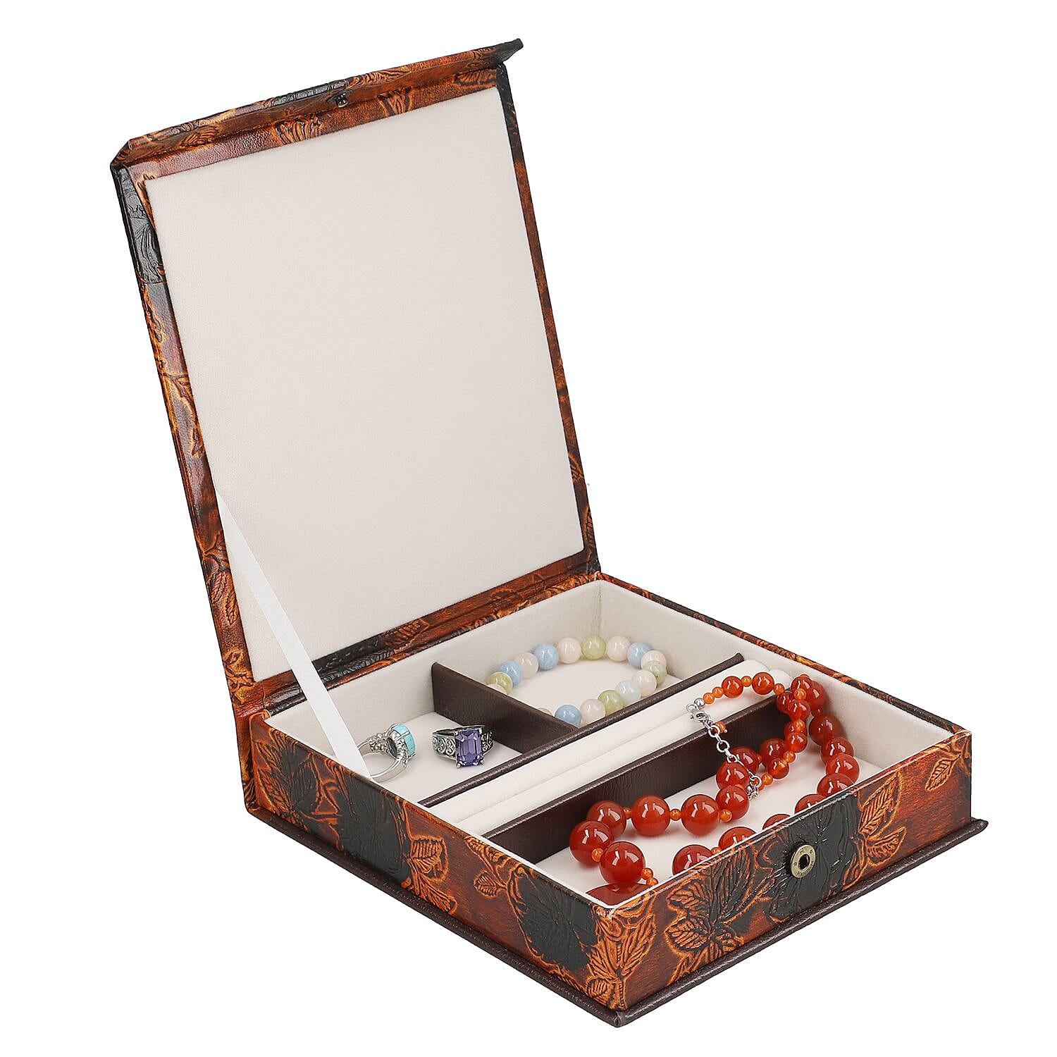 100% Genuine Leather Embossed Jewellery Box (Size 18x20x4 Cm) - Tan