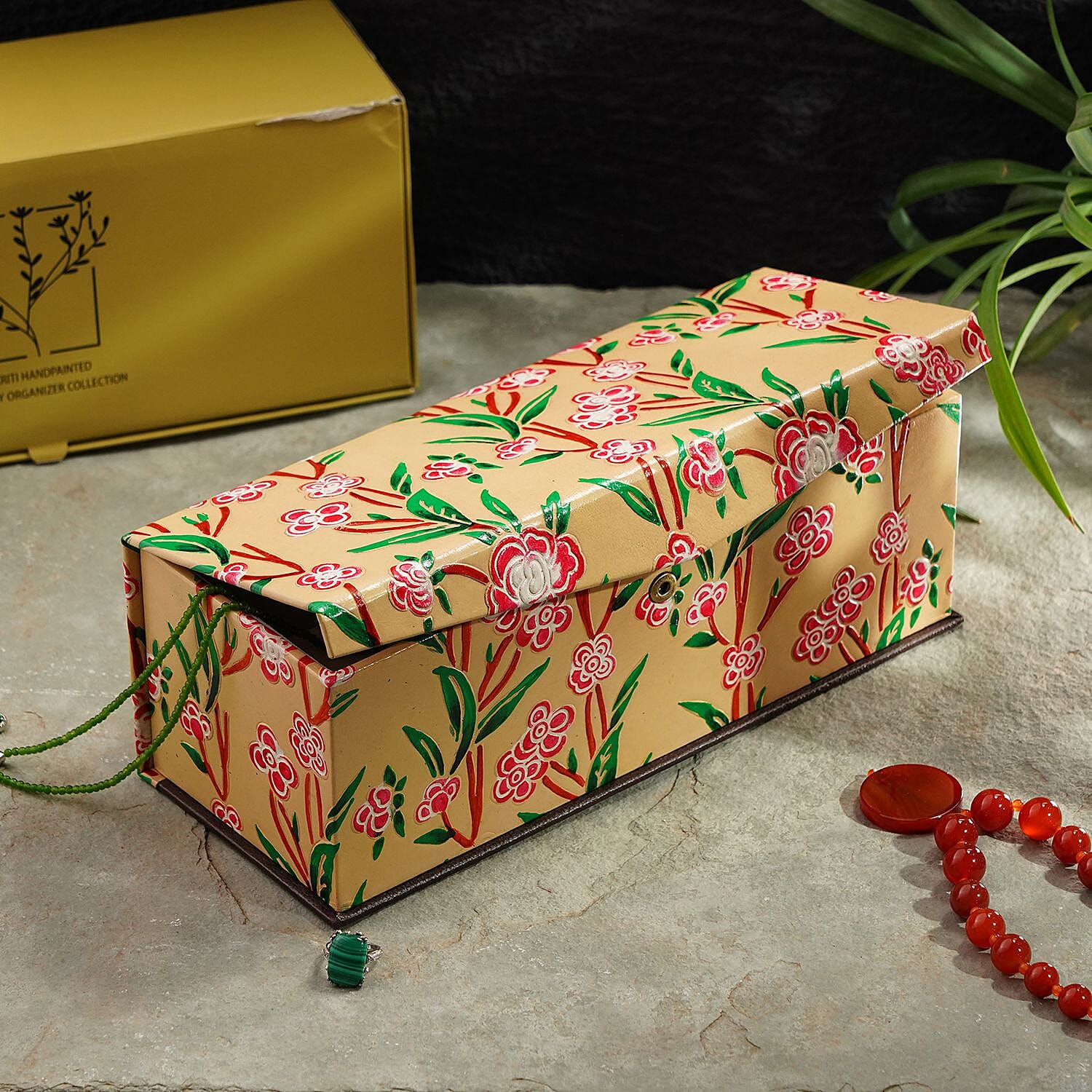 Genuine Leather Embossed 2 Tier Jewellery Box - Beige