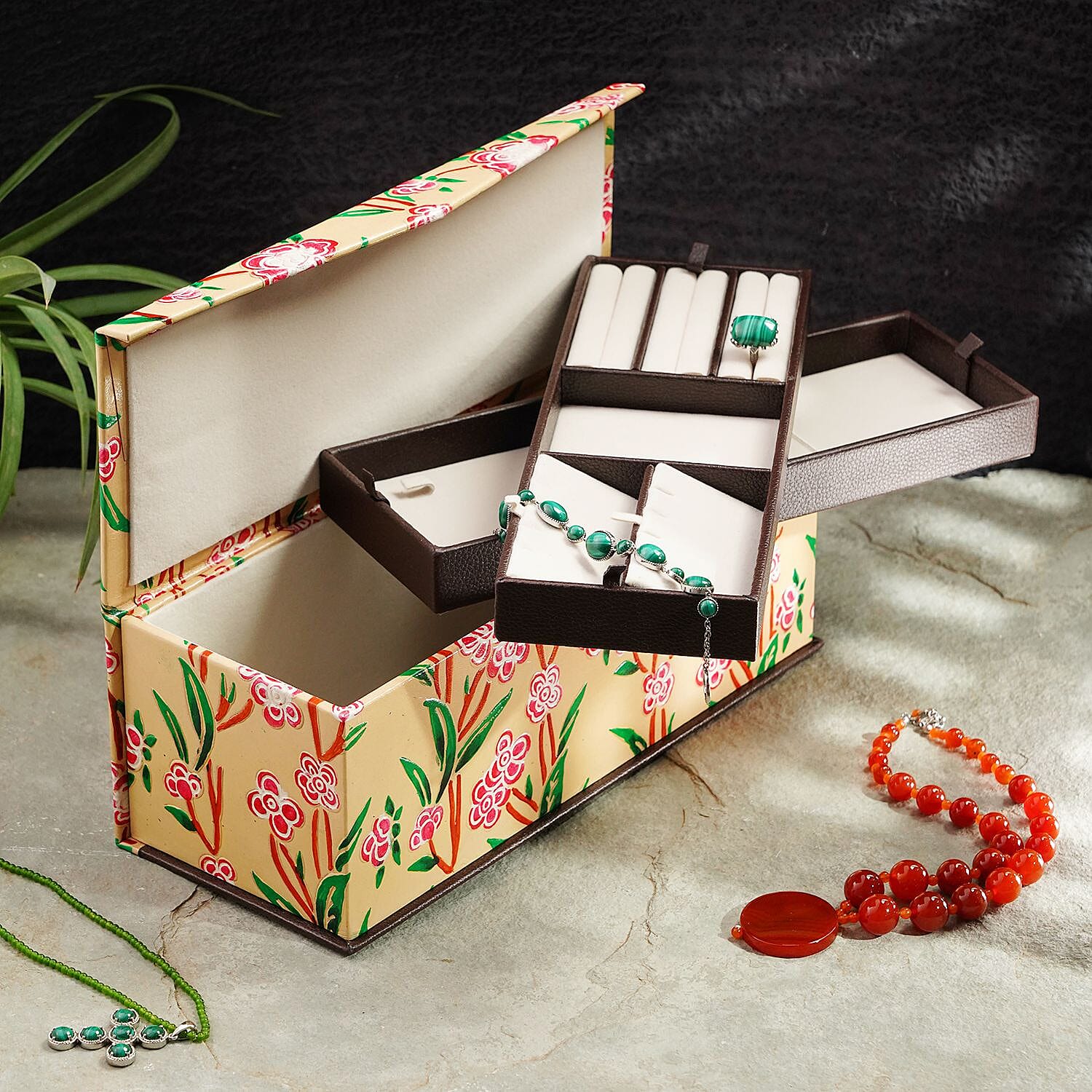 Genuine Leather Embossed 2 Tier Jewellery Box - Beige