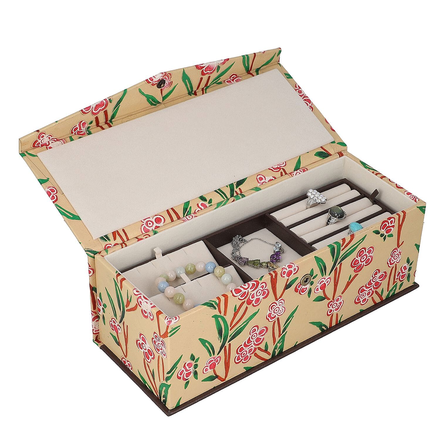 Genuine Leather Embossed 2 Tier Jewellery Box - Beige