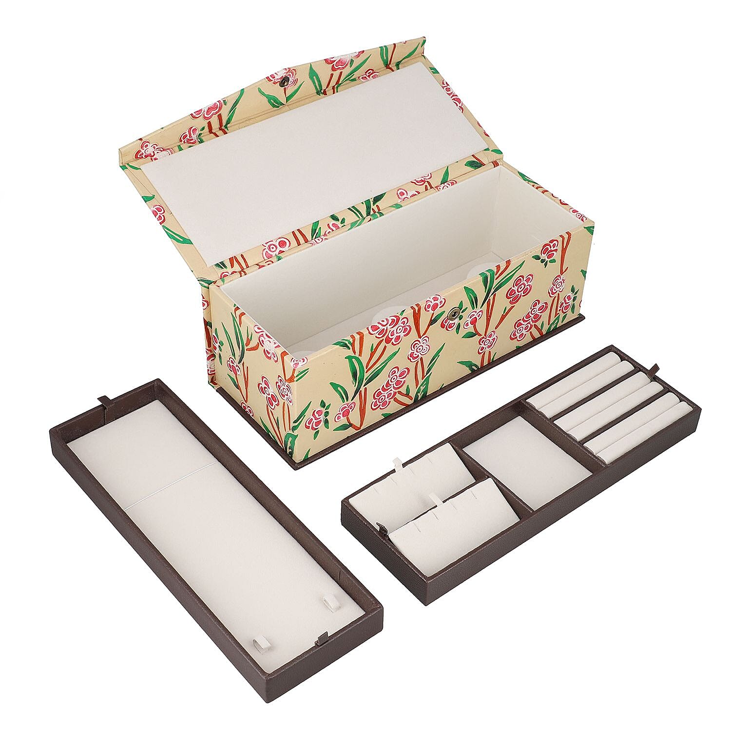 Genuine Leather Embossed 2 Tier Jewellery Box - Beige