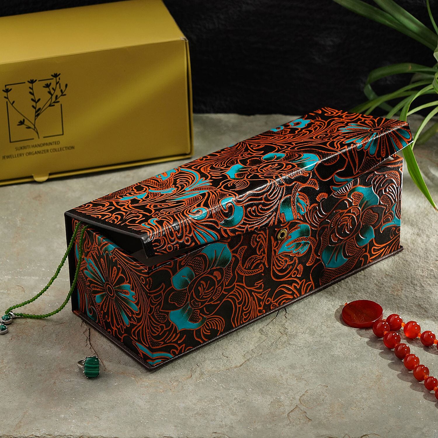 100% Genuine Leather Embossed 2 Tier Jewellery Box (Size 31x12x11 Cm) - Multi