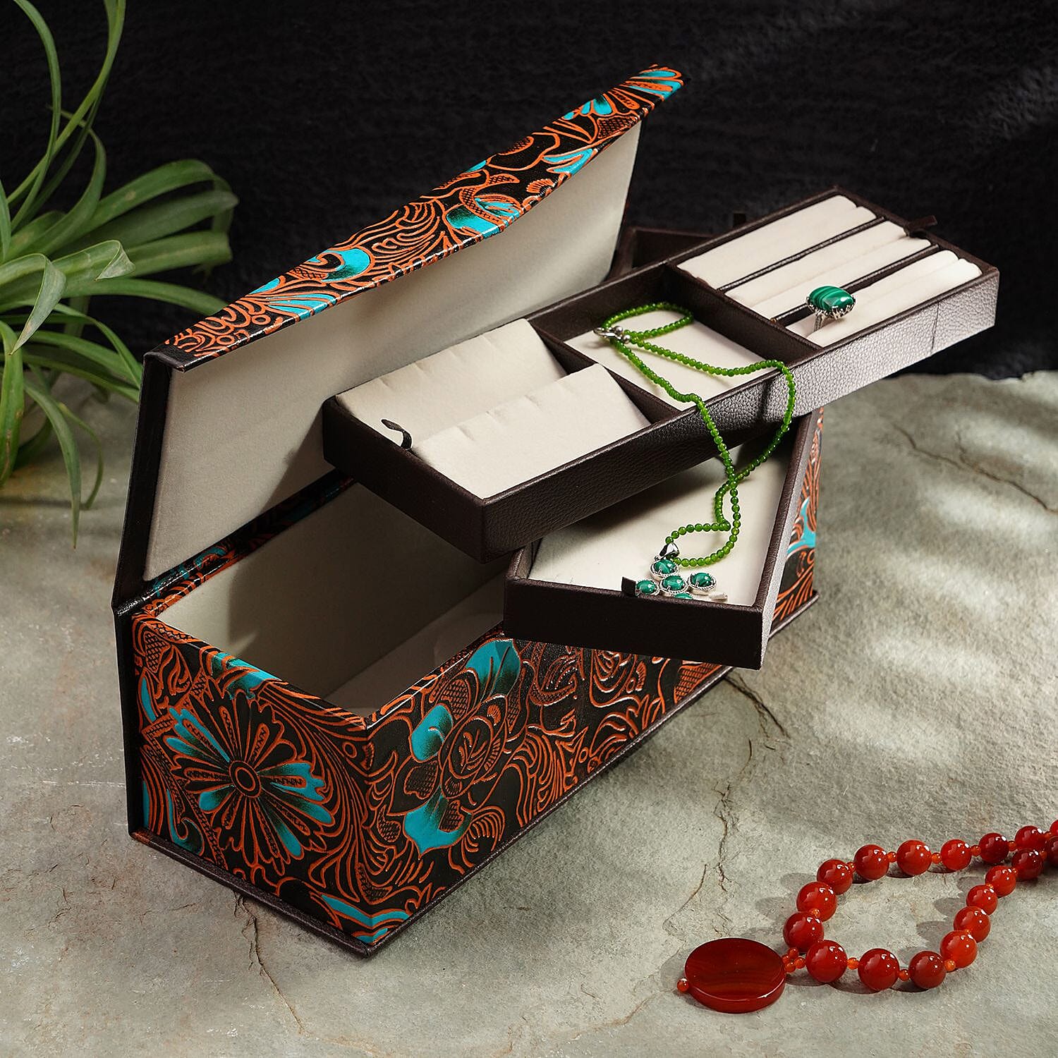 100% Genuine Leather Embossed 2 Tier Jewellery Box (Size 31x12x11 Cm) - Multi