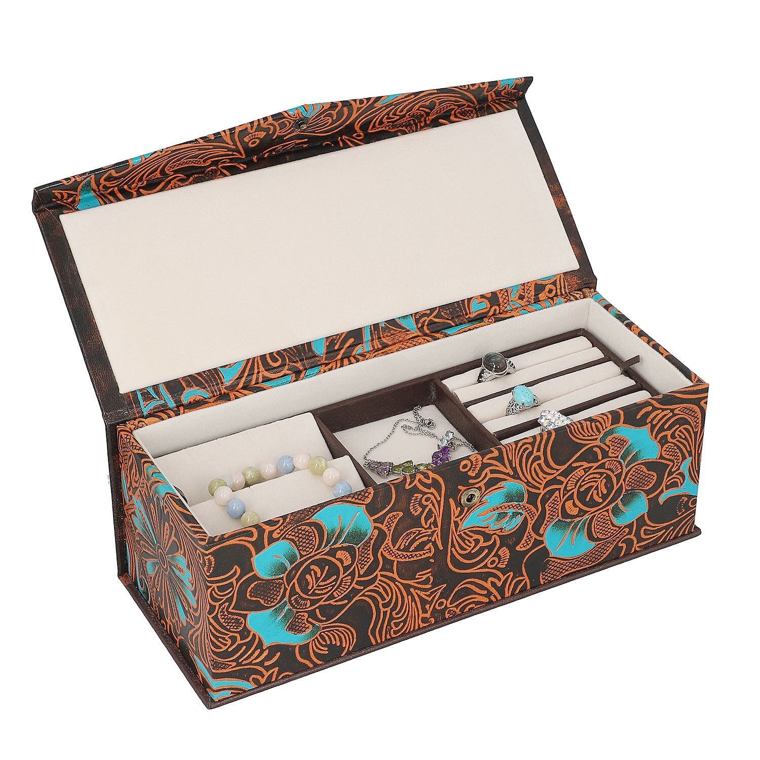 100% Genuine Leather Embossed 2 Tier Jewellery Box (Size 31x12x11 Cm) - Multi