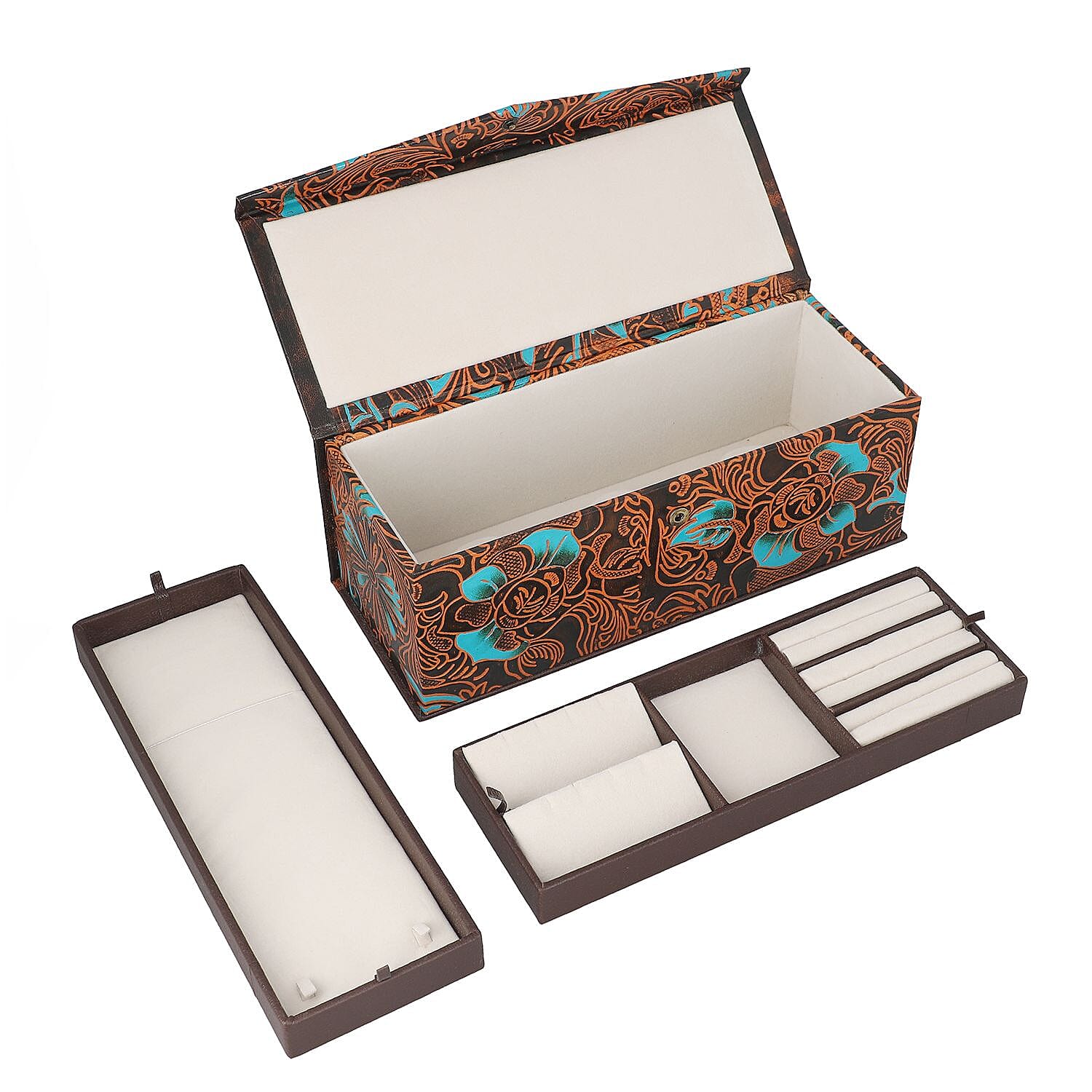 100% Genuine Leather Embossed 2 Tier Jewellery Box (Size 31x12x11 Cm) - Multi
