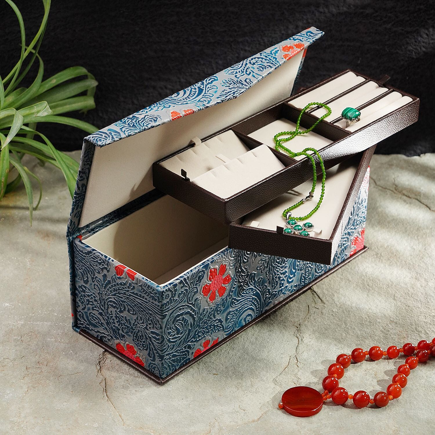 100% Genuine Leather Embossed 2 Tier Jewellery Box (Size 31x12x11 Cm) - Multi