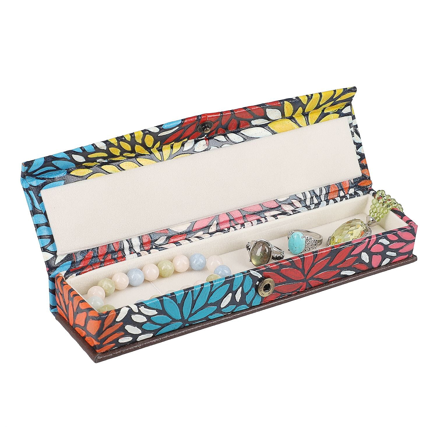GENUINE LEATHER EMBOSSED JEWELRY BOX.Colour Multi Flower