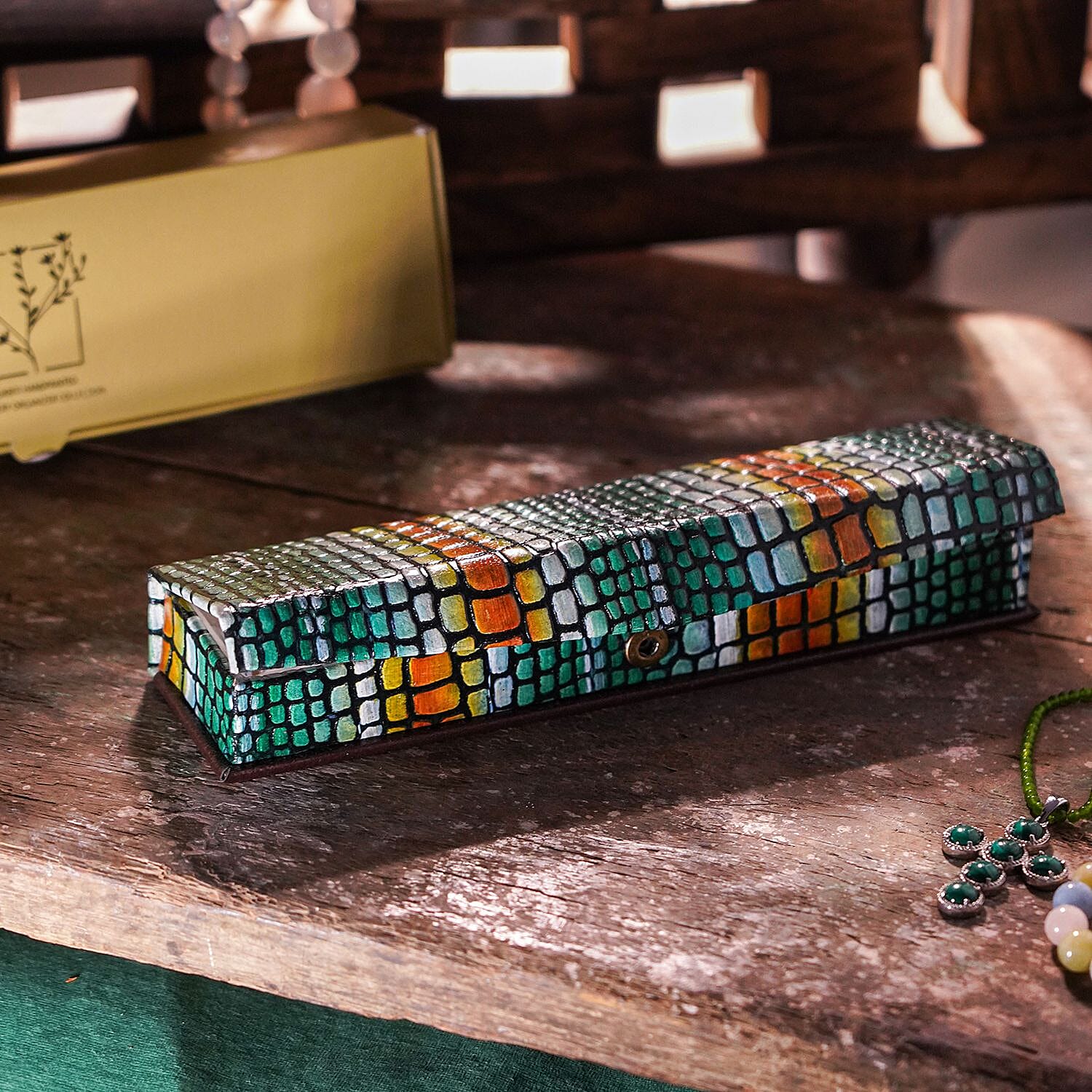 100% Genuine Leather Handcrafted Embossed Jewellery Box (Size 23x5x3 Cm) - Multi