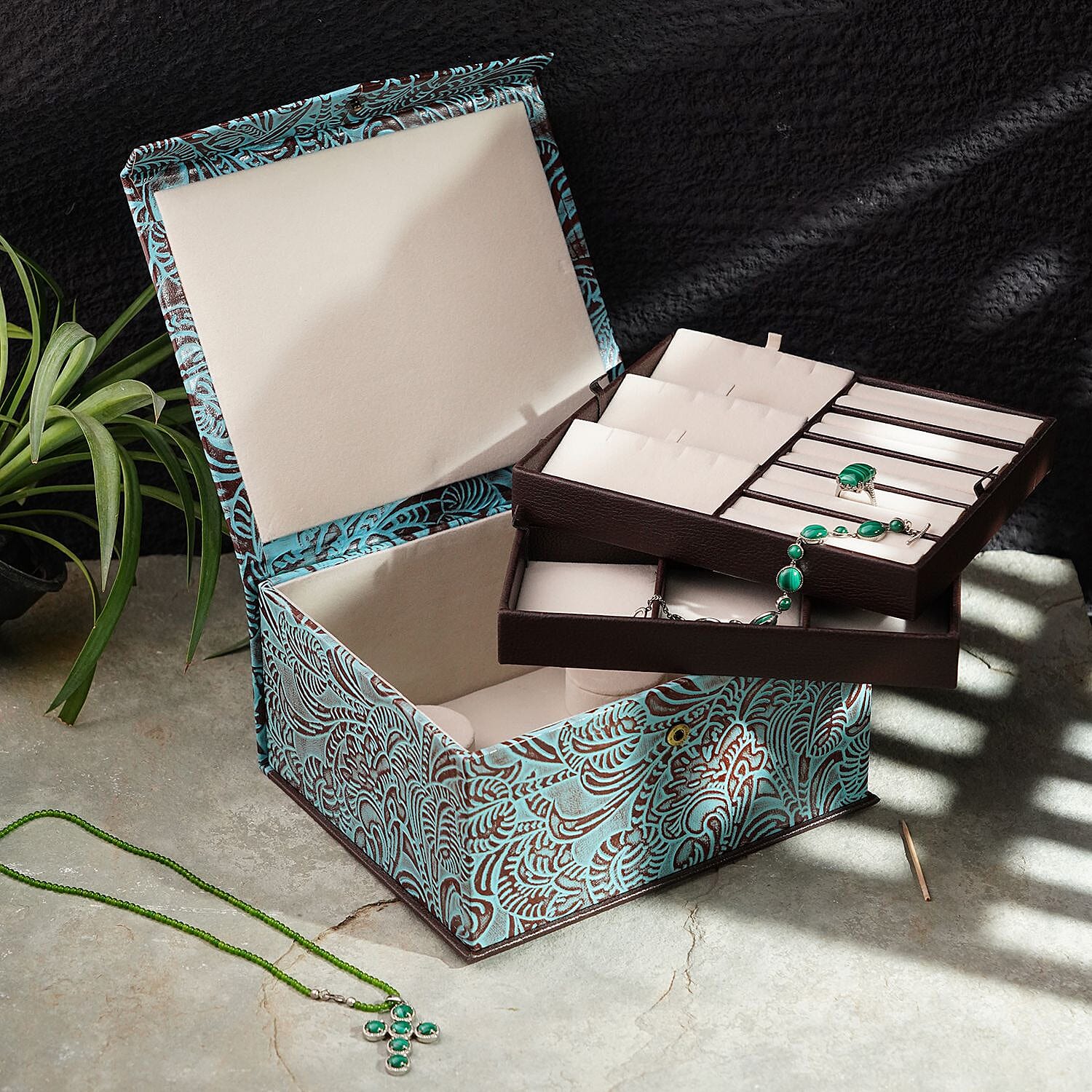 GENUINE LEATHER EMBOSSED 2 TIER JEWELRY BOX Color Multi