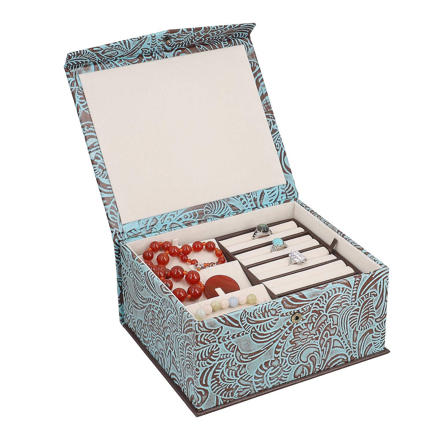 GENUINE LEATHER EMBOSSED 2 TIER JEWELRY BOX Color Multi