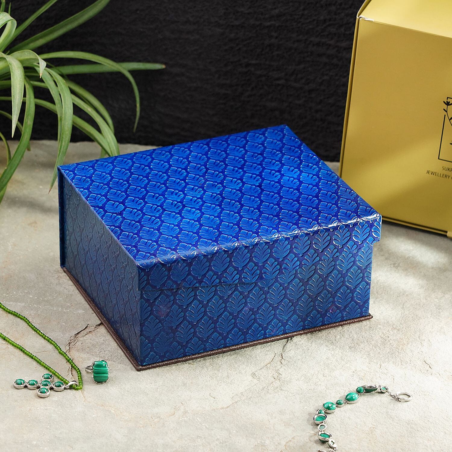 Handcrafted Embossed Leather 2 Tier Jewellery Box - Dark Blue