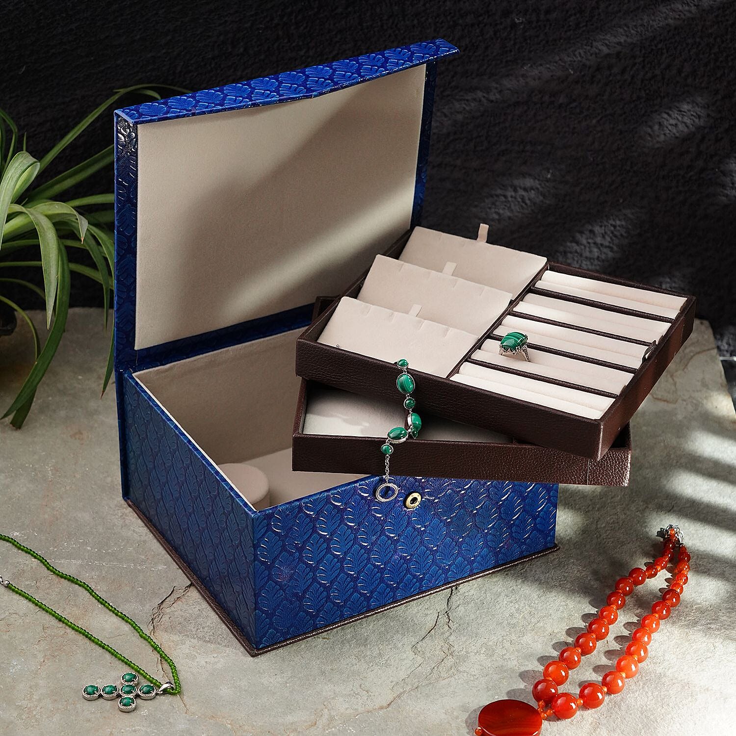 Handcrafted Embossed Leather 2 Tier Jewellery Box - Dark Blue