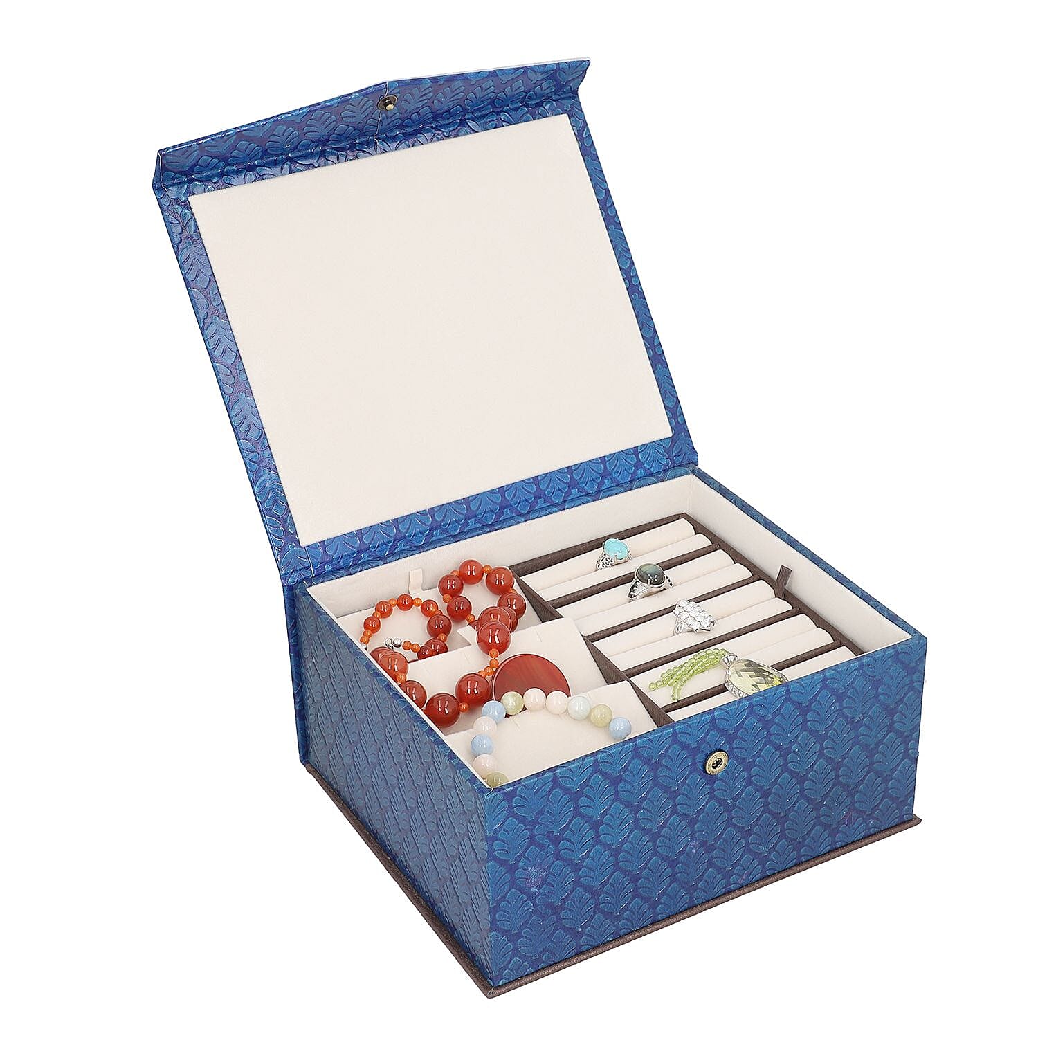 Handcrafted Embossed Leather 2 Tier Jewellery Box - Dark Blue