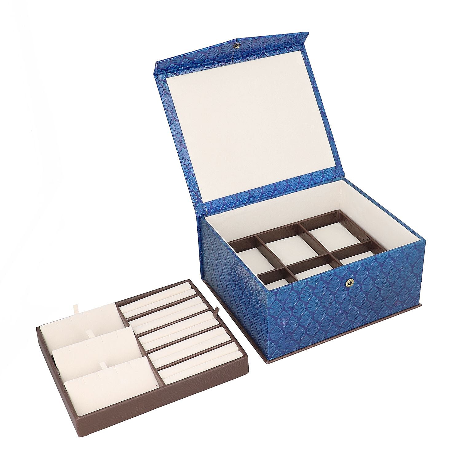 Handcrafted Embossed Leather 2 Tier Jewellery Box - Dark Blue