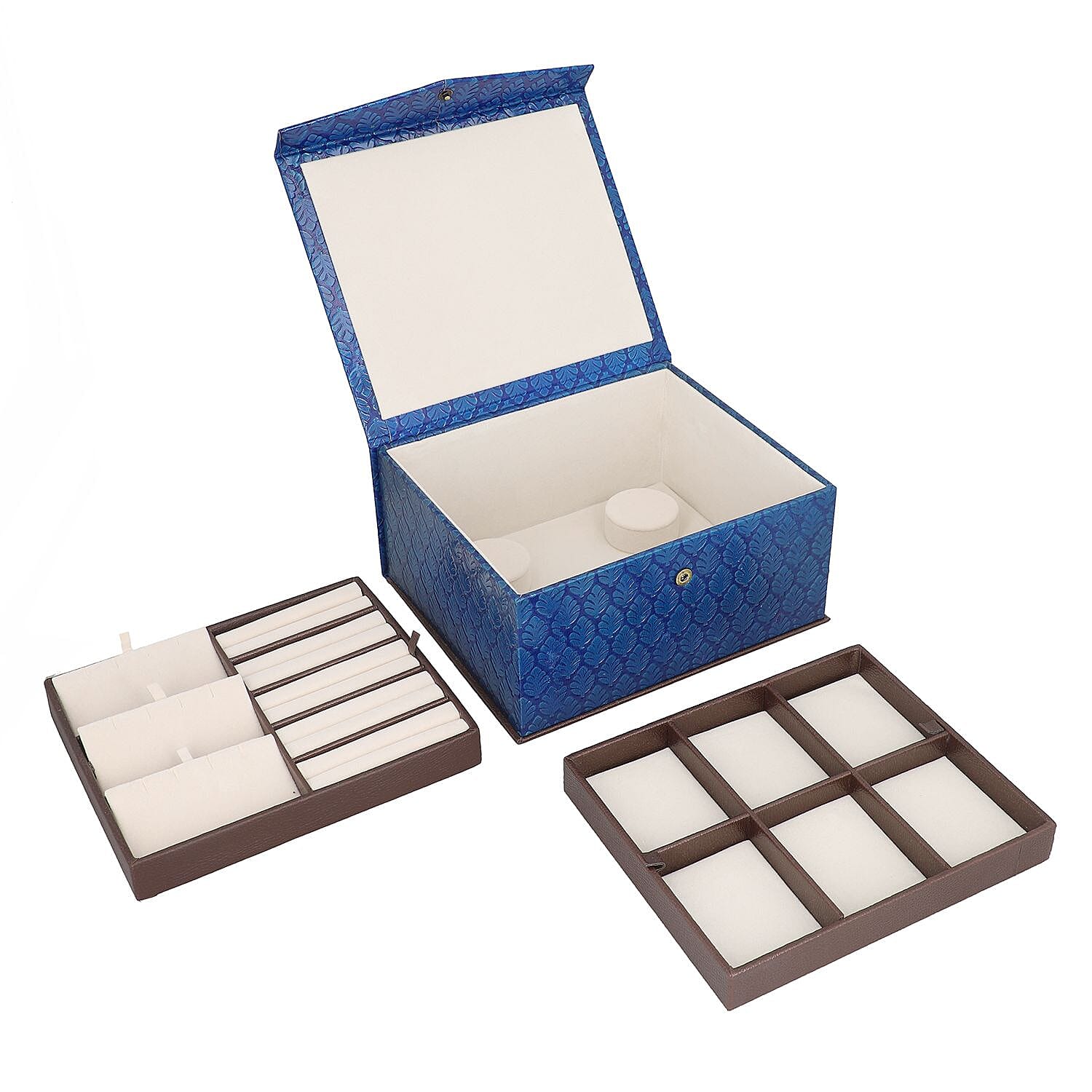 Handcrafted Embossed Leather 2 Tier Jewellery Box - Dark Blue