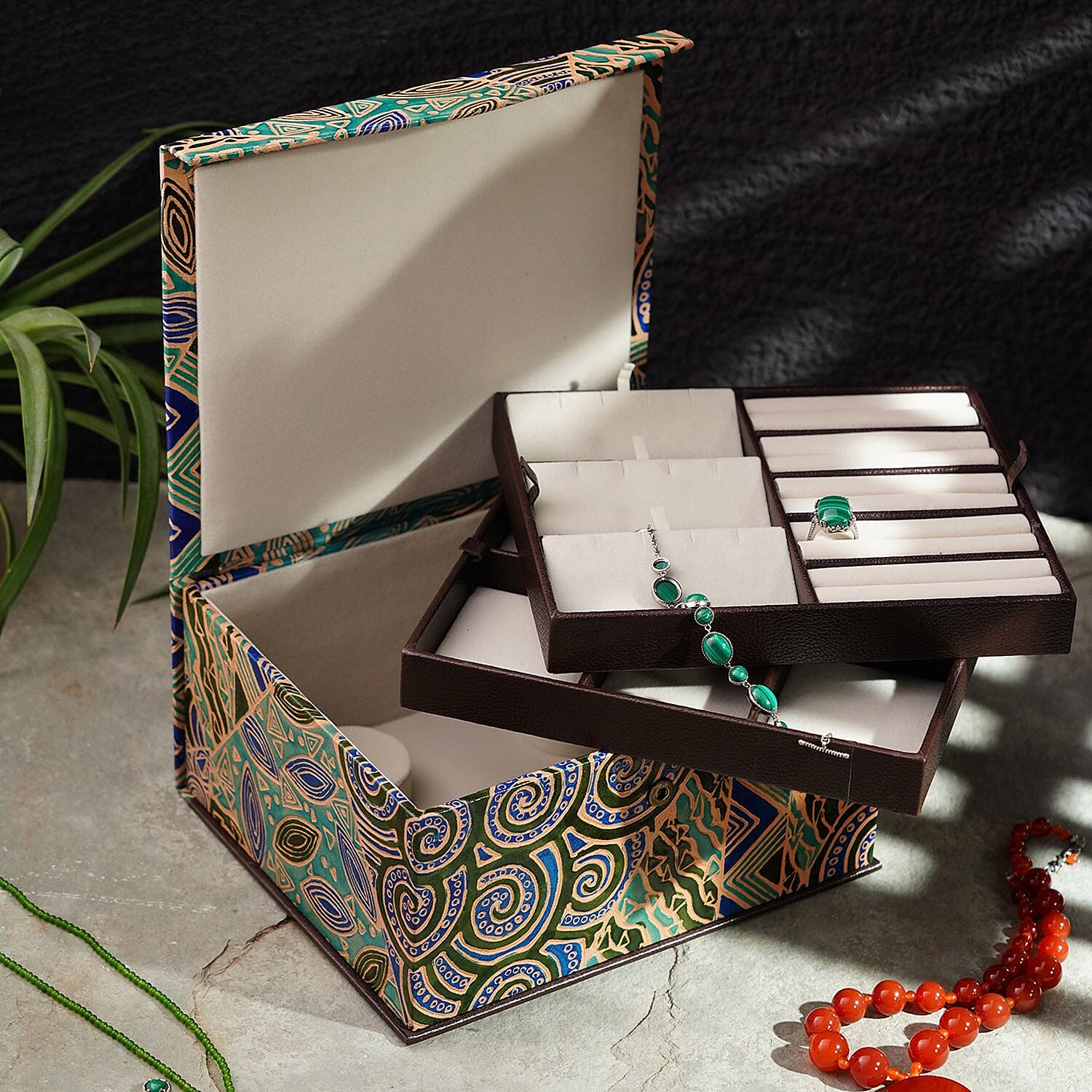 Handcrafted Embossed Leather 2 Tier Jewellery Box - Multi