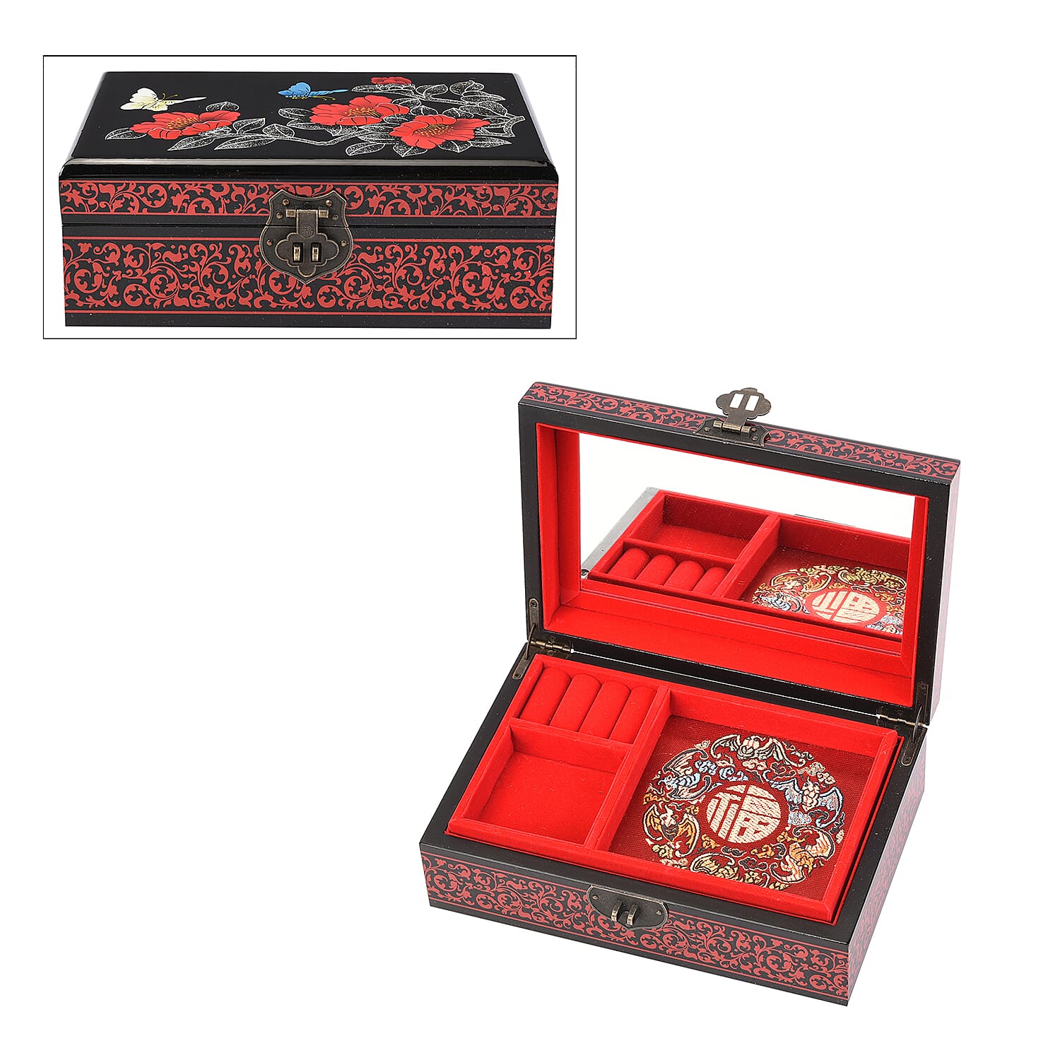 2 Layer Camellia Pattern Jewellery Box with Inside Mirror and Removable Tray (Size 21x14x7.5cm) - Red & Black