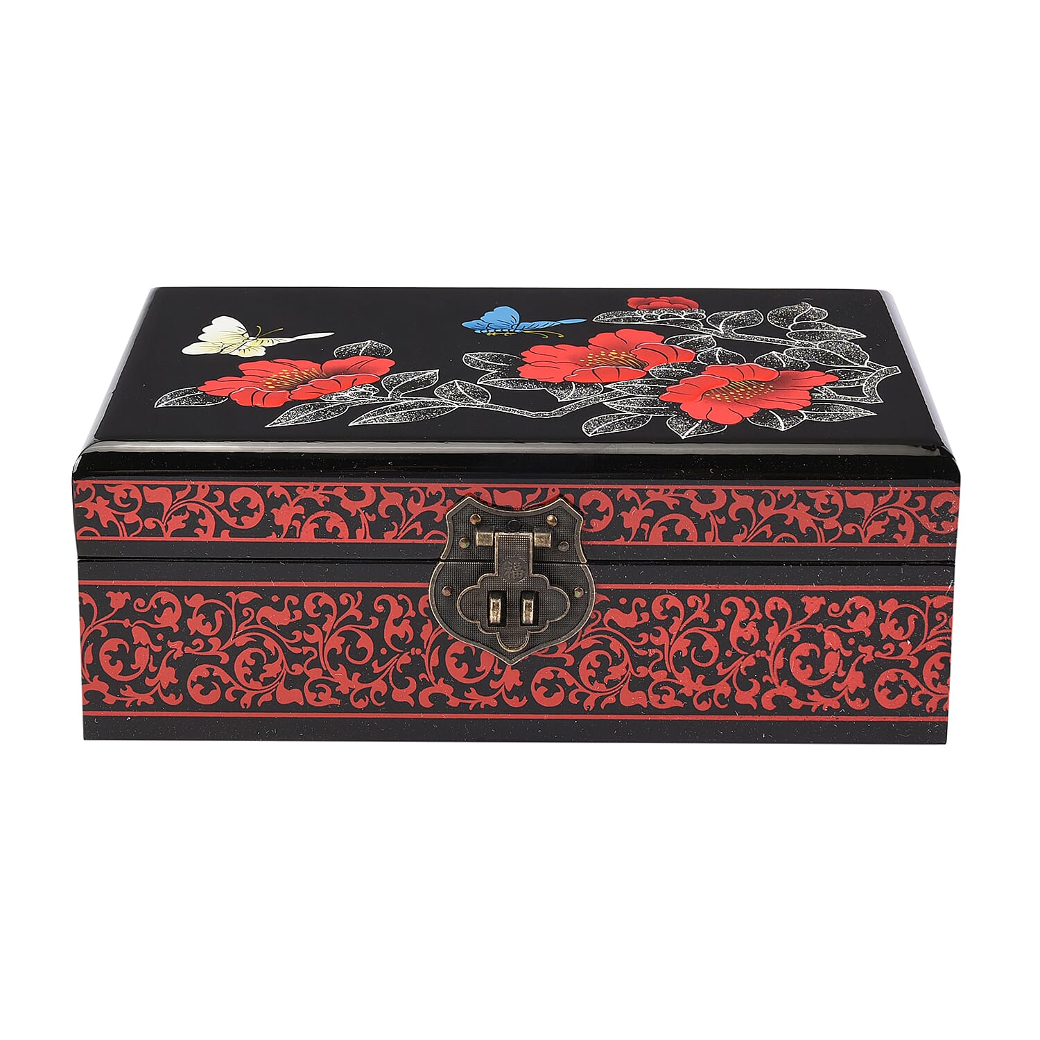 2 Layer Camellia Pattern Jewellery Box with Inside Mirror and Removable Tray (Size 21x14x7.5cm) - Red & Black