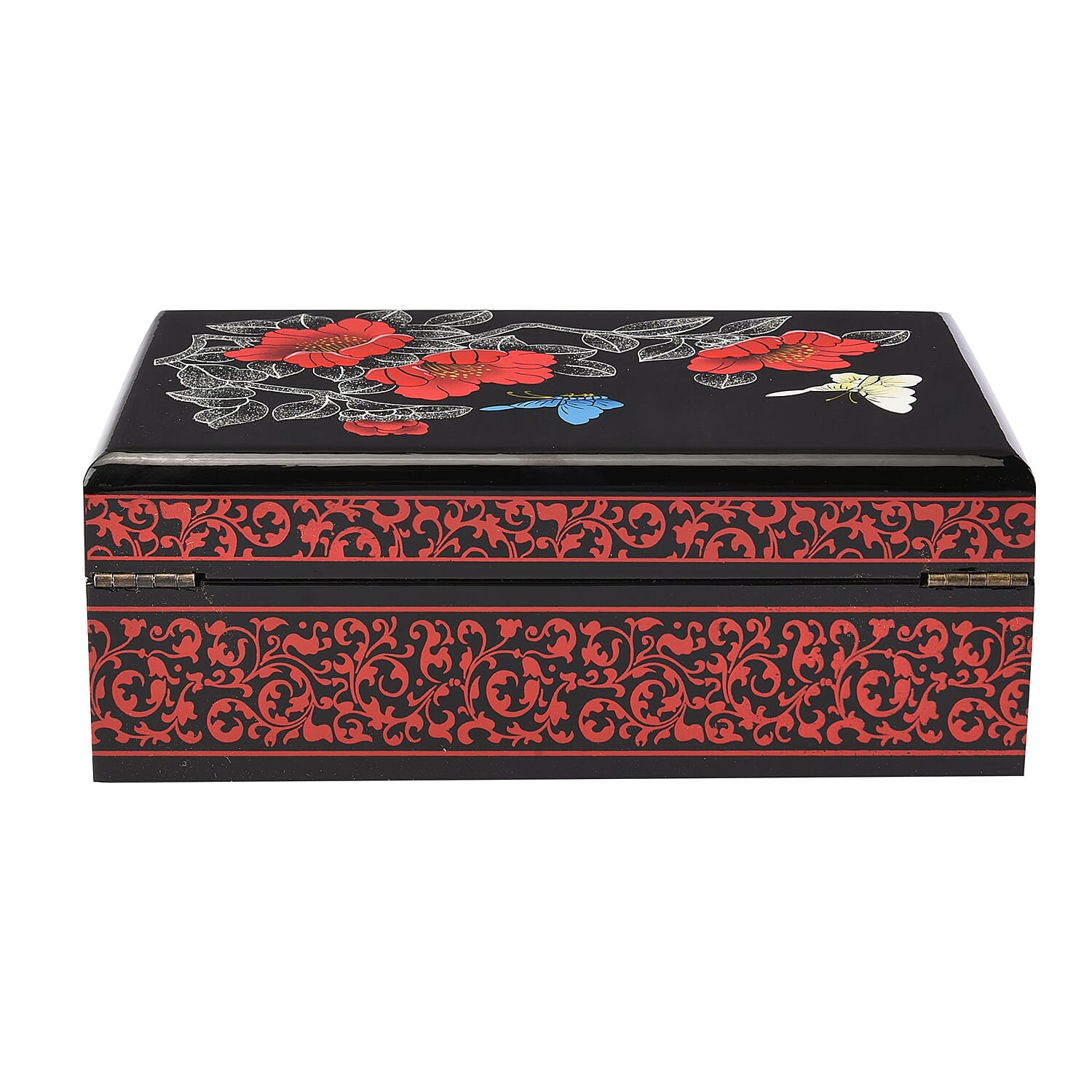 2 Layer Camellia Pattern Jewellery Box with Inside Mirror and Removable Tray (Size 21x14x7.5cm) - Red & Black