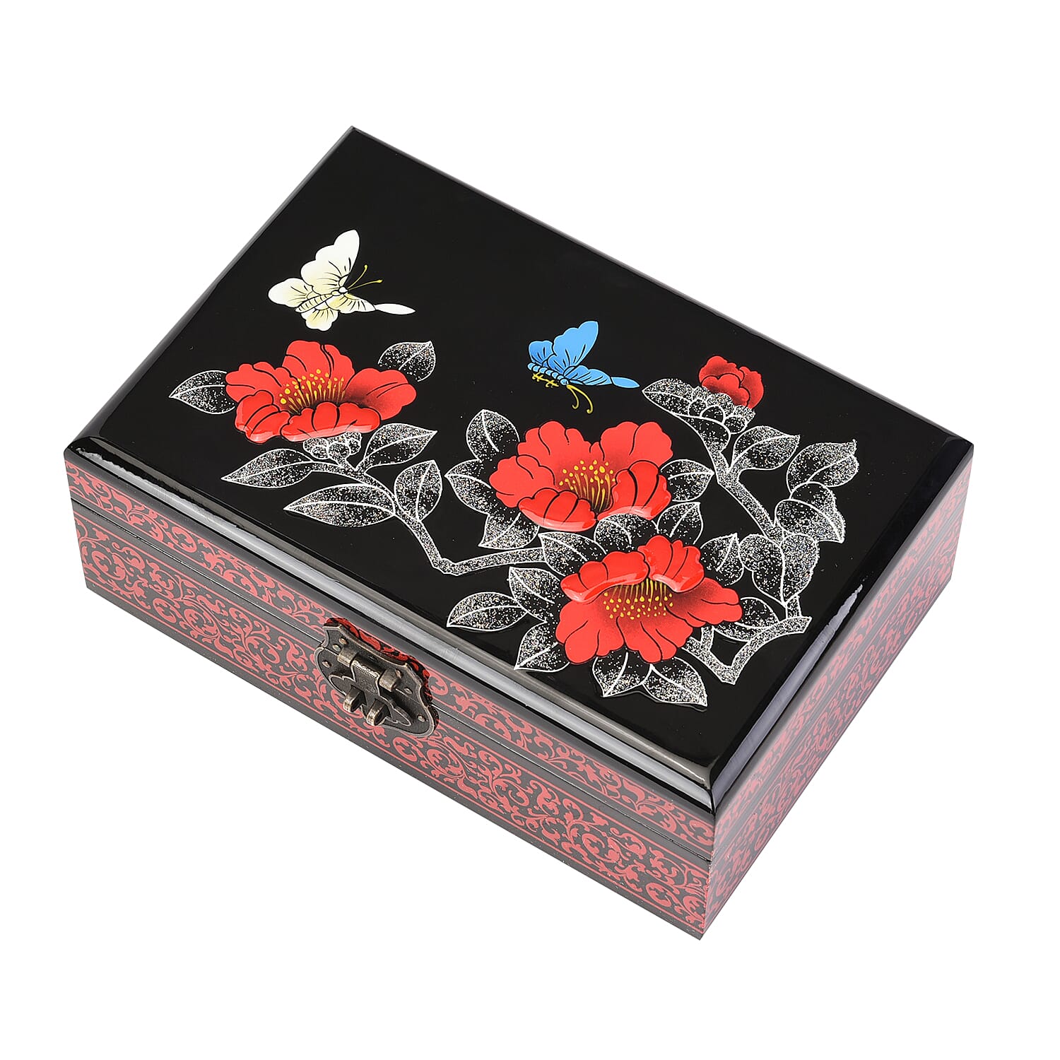2 Layer Camellia Pattern Jewellery Box with Inside Mirror and Removable Tray (Size 21x14x7.5cm) - Red & Black