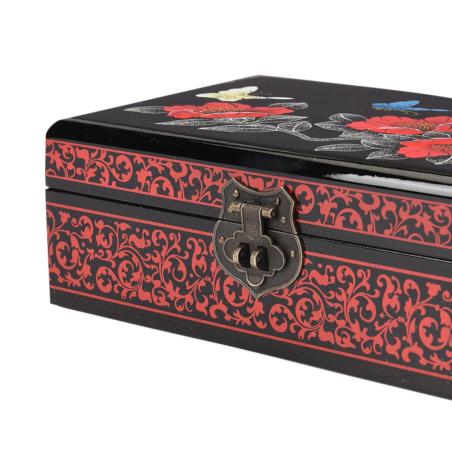 2 Layer Camellia Pattern Jewellery Box with Inside Mirror and Removable Tray (Size 21x14x7.5cm) - Red & Black