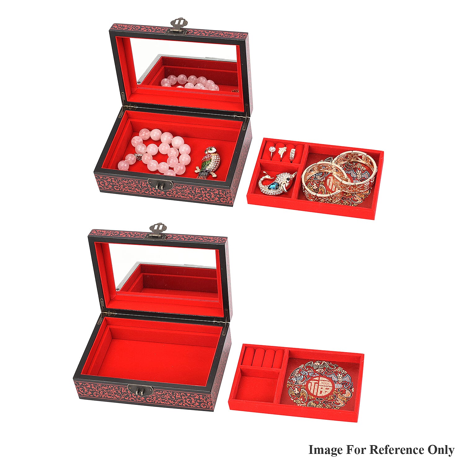 2 Layer Camellia Pattern Jewellery Box with Inside Mirror and Removable Tray (Size 21x14x7.5cm) - Red & Black