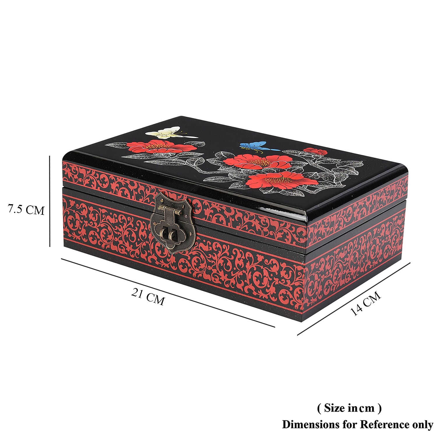 2 Layer Camellia Pattern Jewellery Box with Inside Mirror and Removable Tray (Size 21x14x7.5cm) - Red & Black